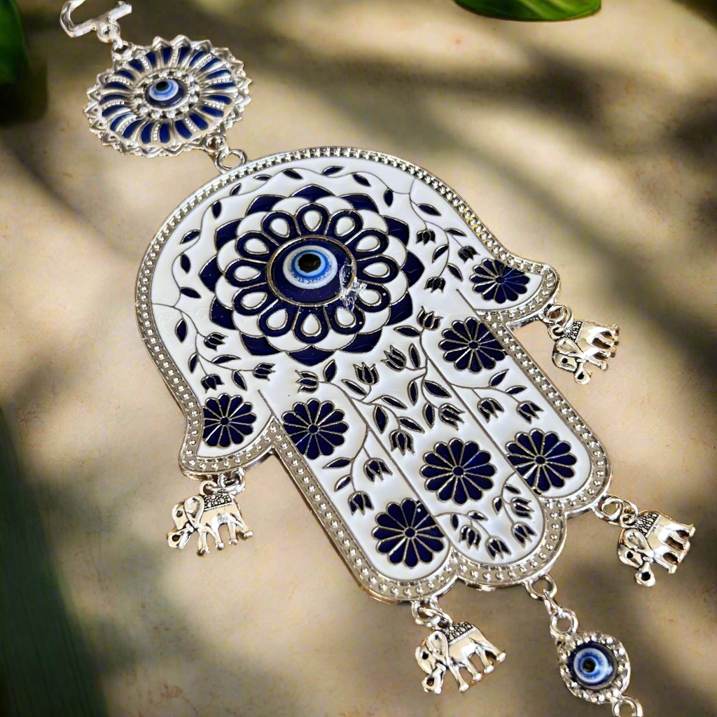 Hamsa Protection Evil Eye Hanger ~ White /Blue