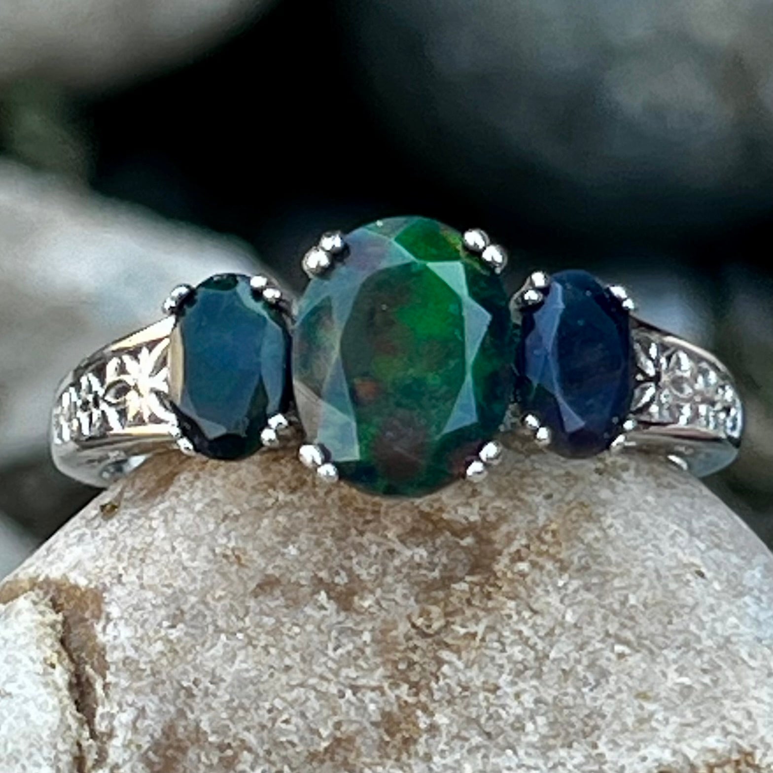 Black Opal ~ Sterling Silver Ring ~ Size 10