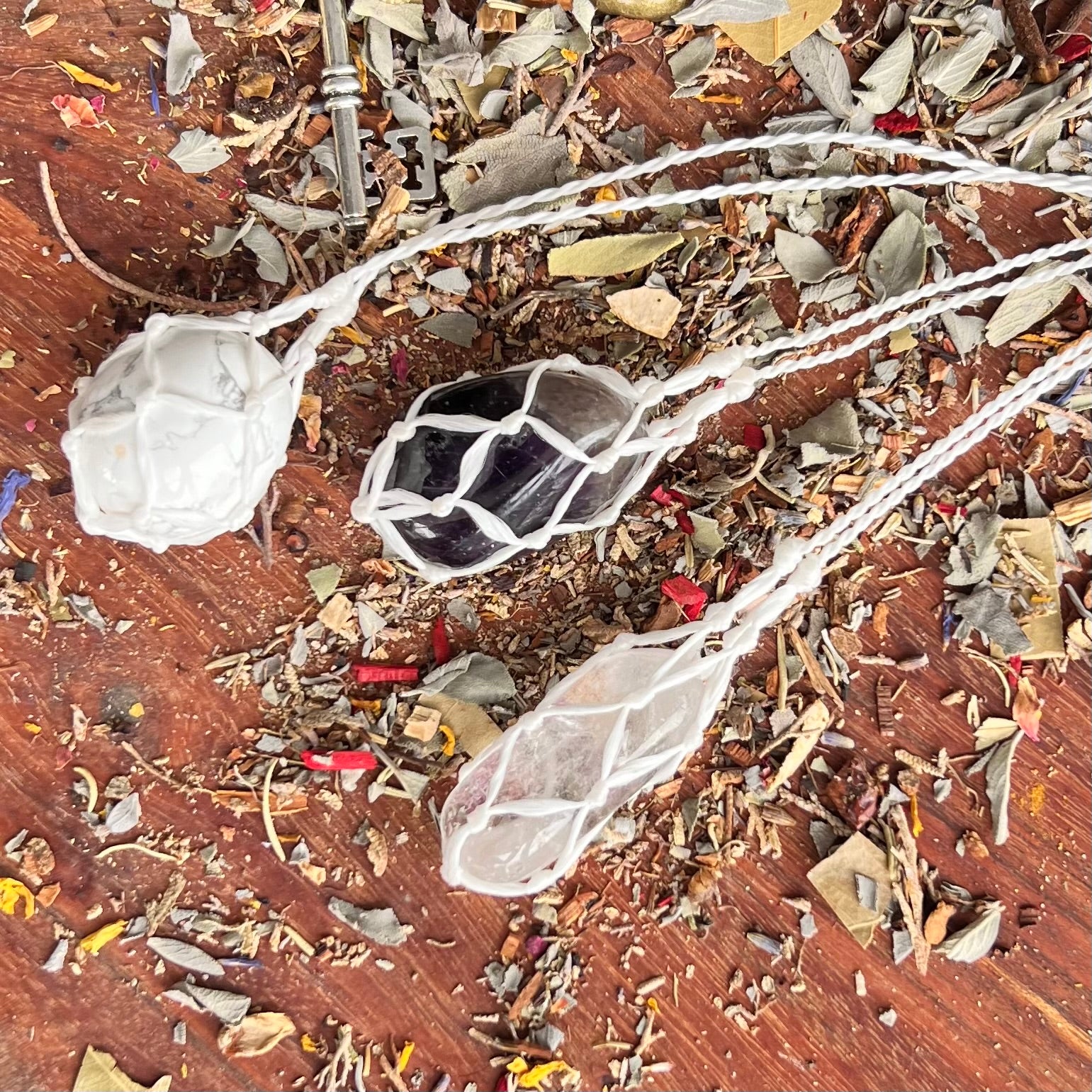 Waxed Cord Macrame Crystal Cage Necklace ~ White