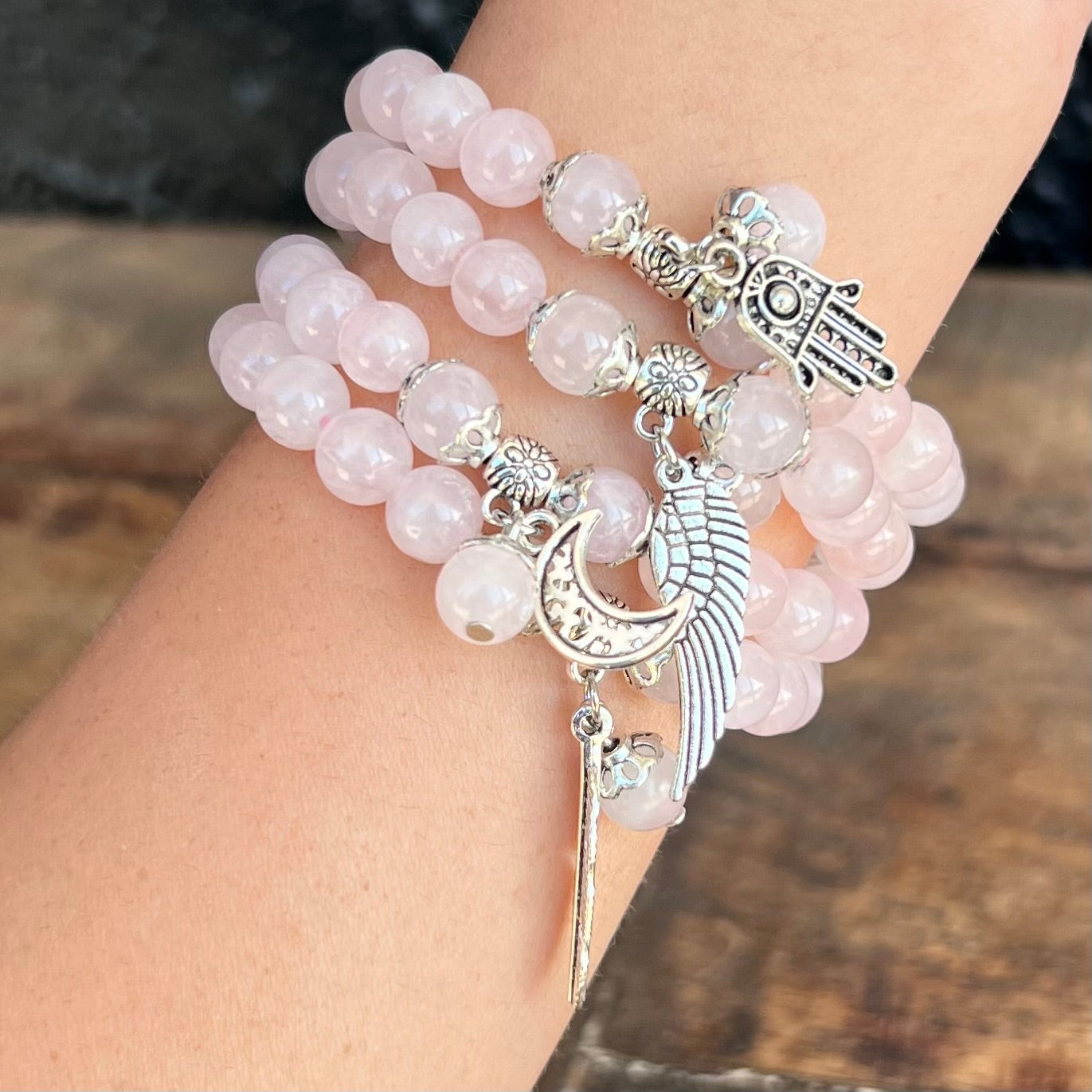 Rose Quartz Unconditional Love Bracelet with Celestial Crescent Moon Charm