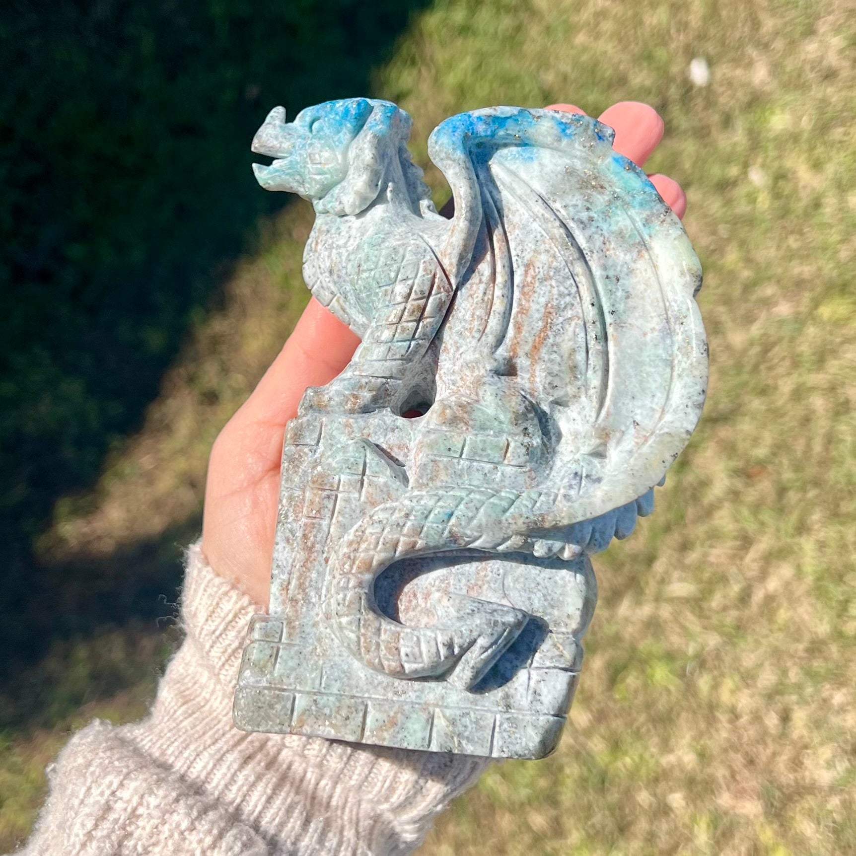 Blue Apatite with Pyrite  Dragon Carving
