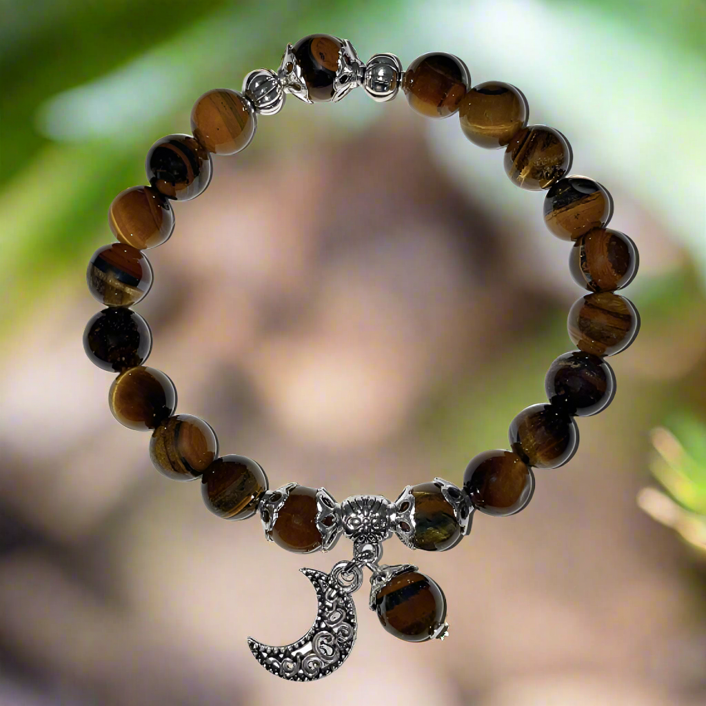 Tiger Eye Courage & Strength Bracelet with Celestial Crescent Moon Charm