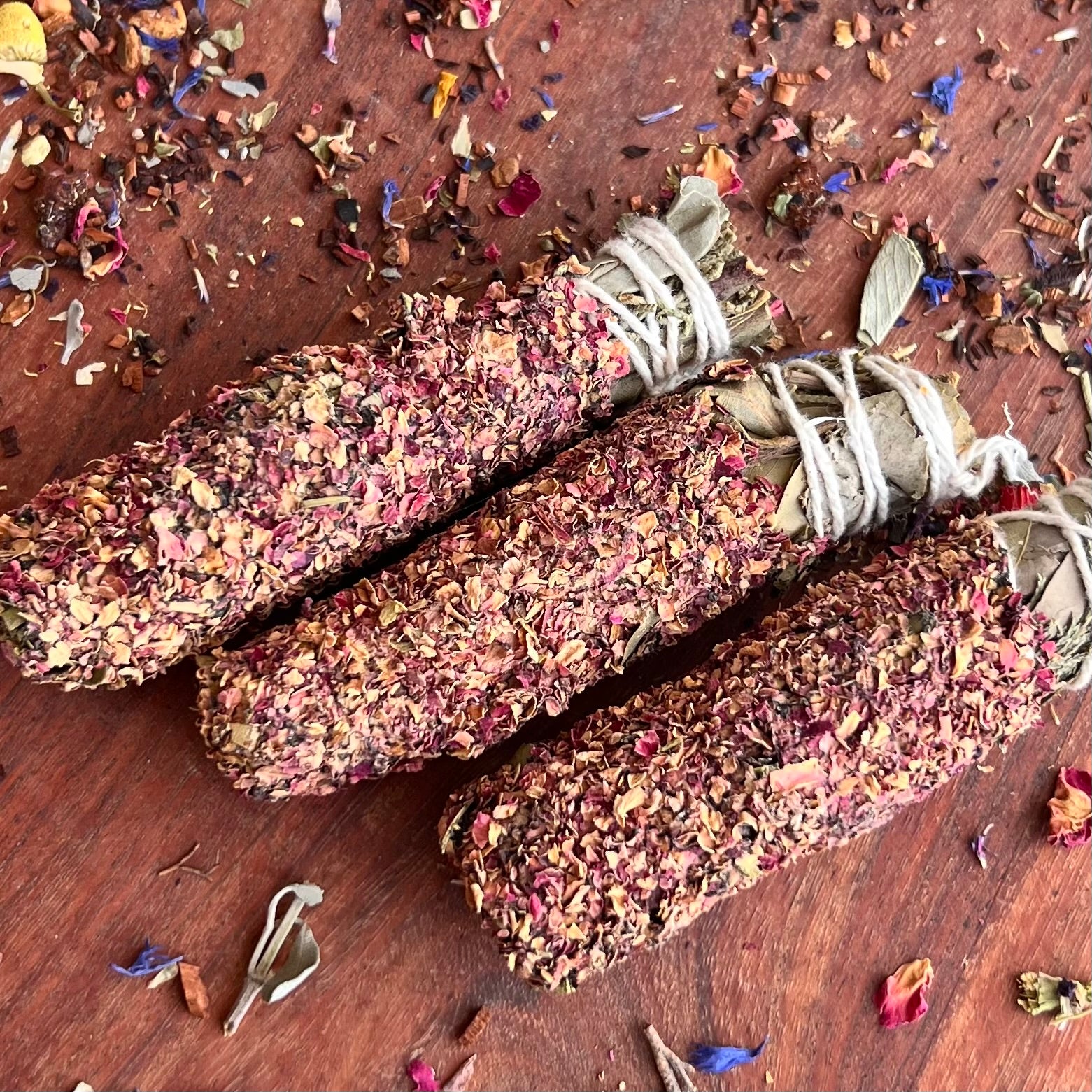 Herbal Smudge Stick dipped in Rose Petals