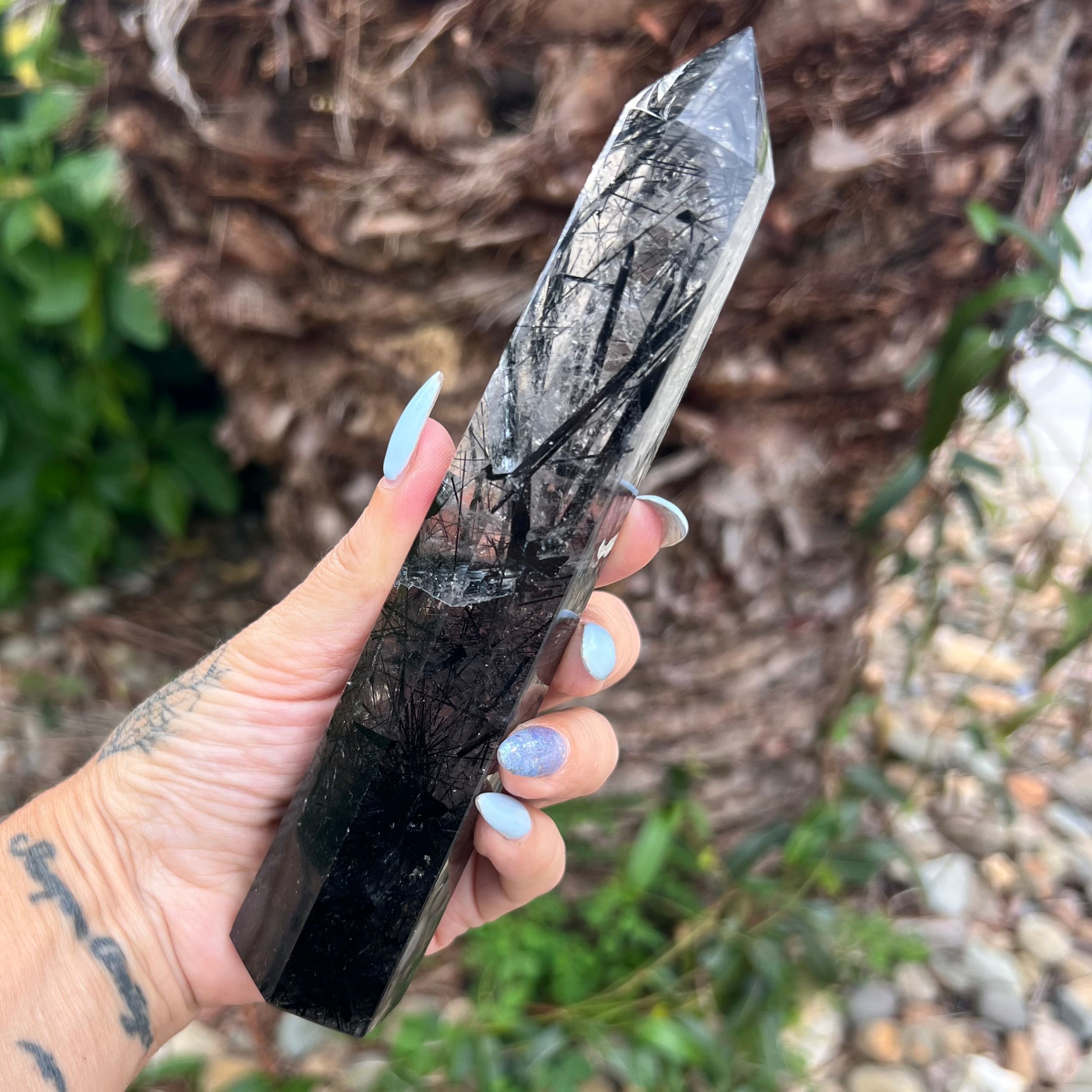 Black Tourmaline in Clear Protective Generator Quartz Tower