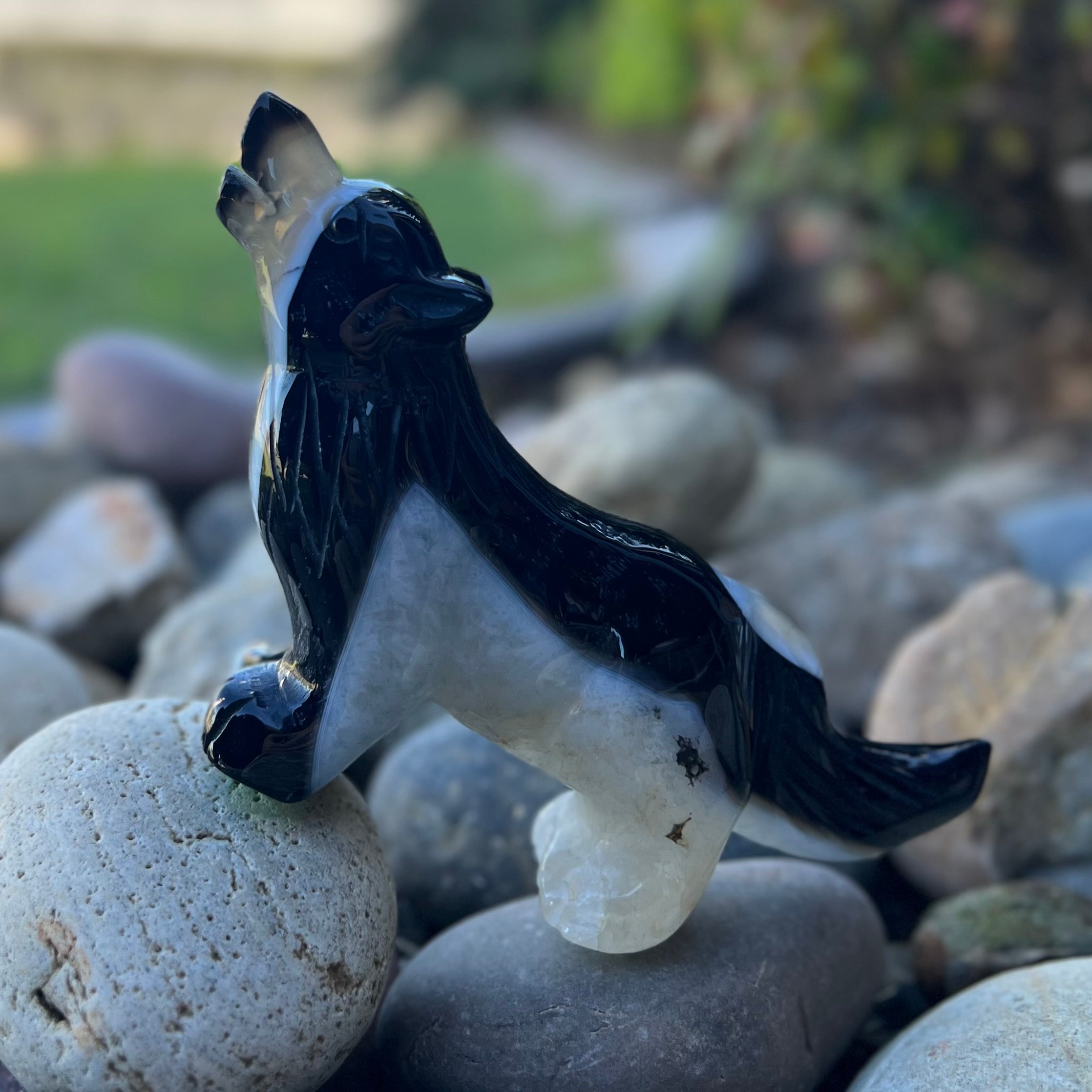 Black Agate ~ Wolf Carving ~ Large