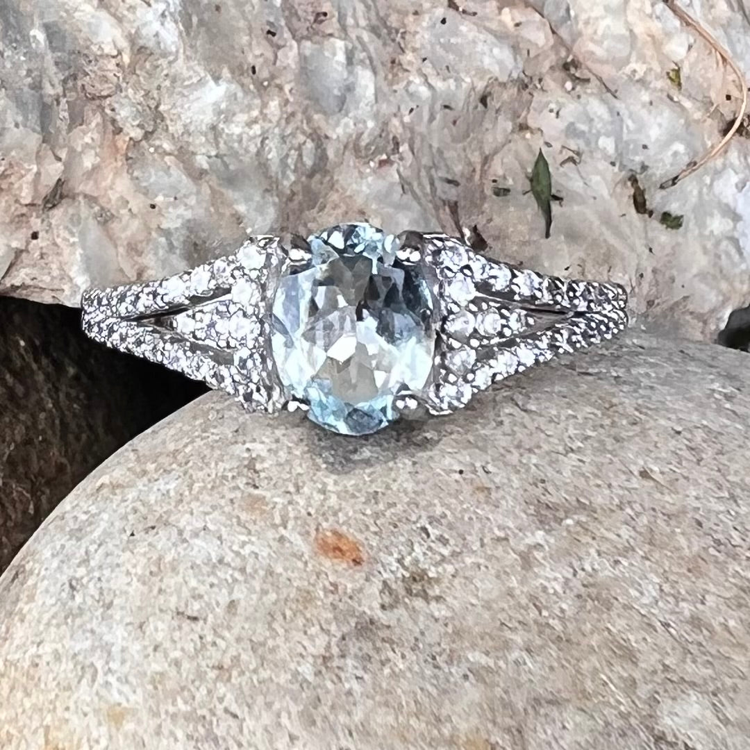 Aquamarine & White Topaz Sterling Silver Ring ~ 5