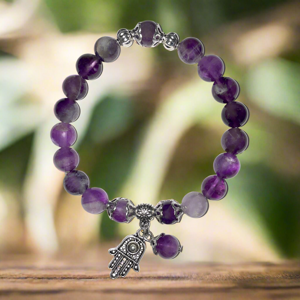 Double Protection Amethyst Bracelet with Hamsa Hand