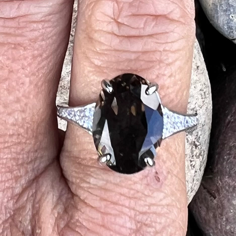 Smokey Quartz with White Topaz ~ Sterling Silver Ring ~ Size 9