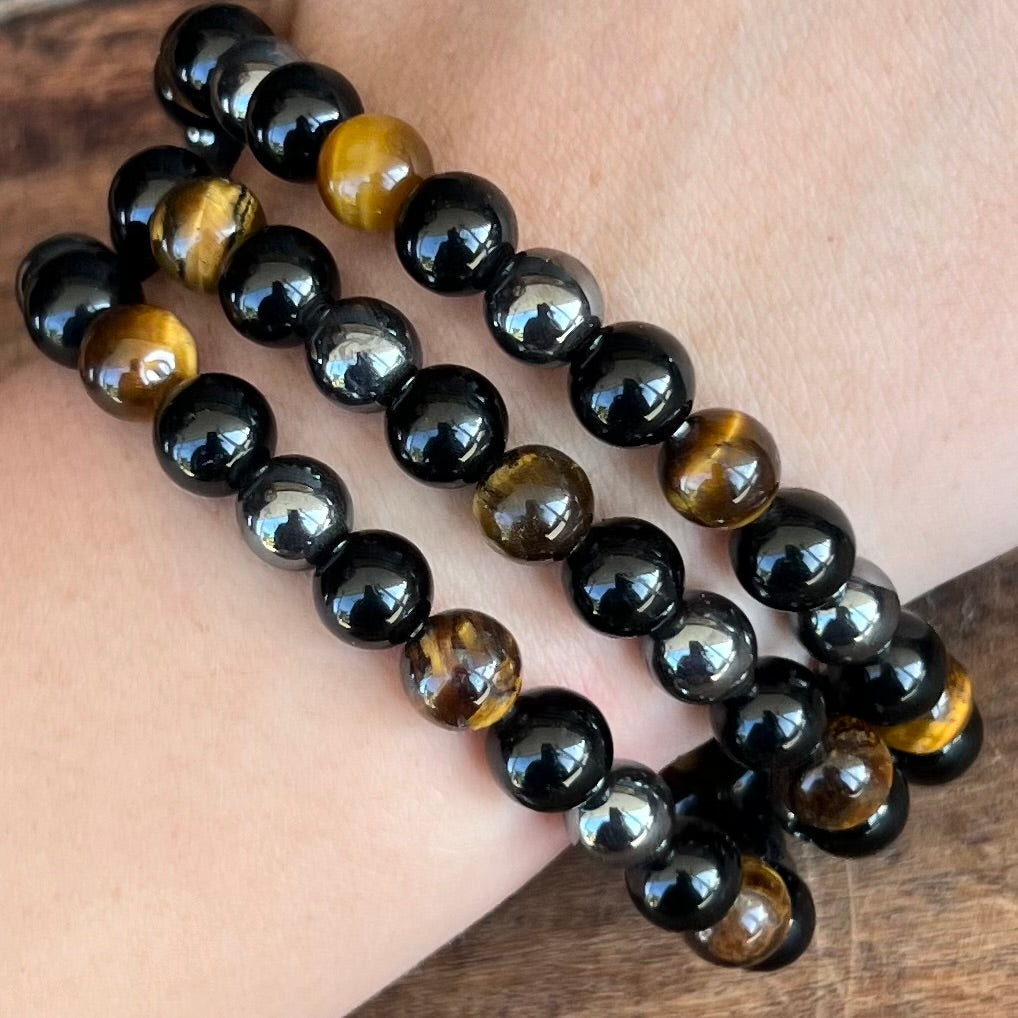 Hematite, Obsidian & Tiger Eye ~ Triple Protection Triple Wrap Bracelet or Necklace combo