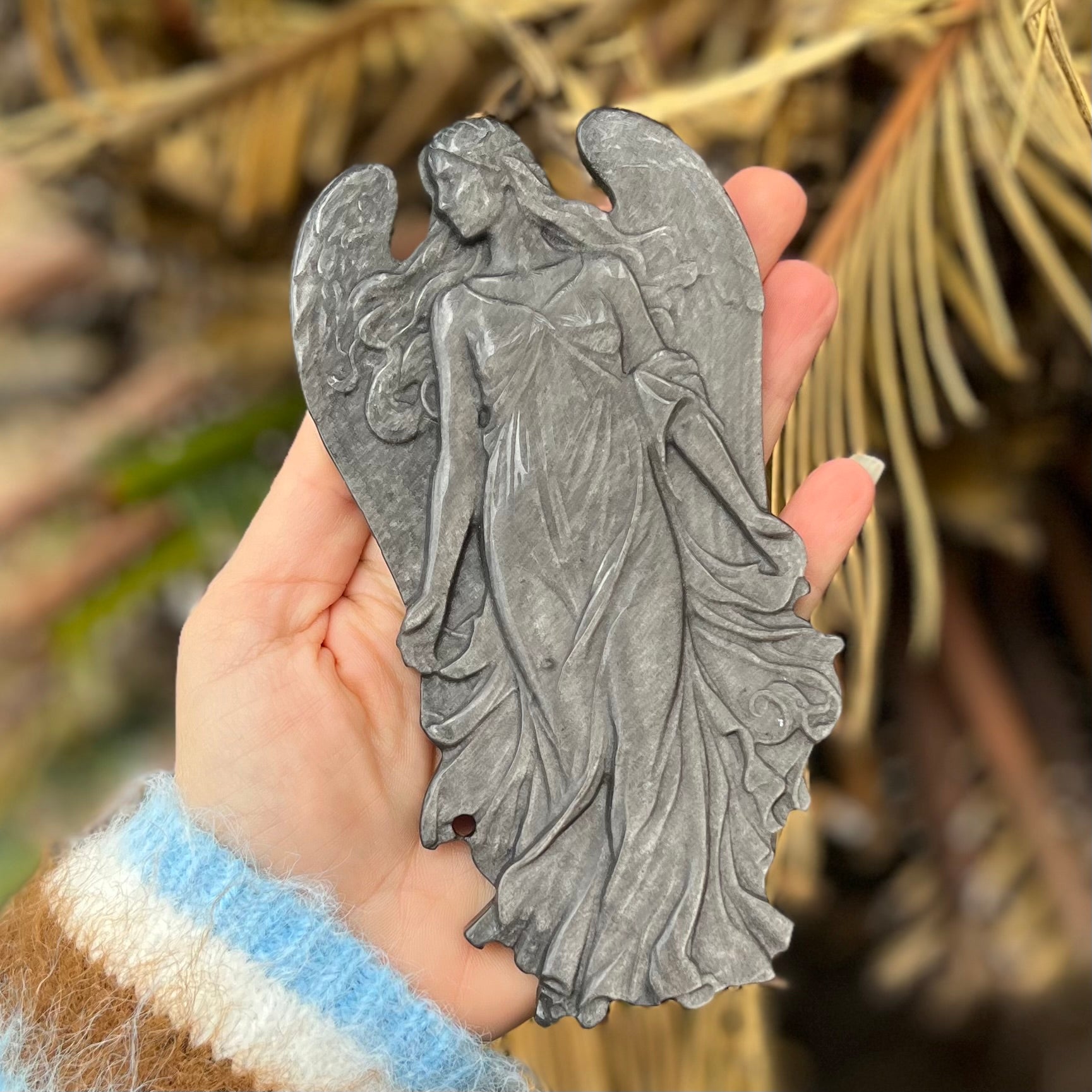 Silver Sheen Obsidian Angel Carving On Stand