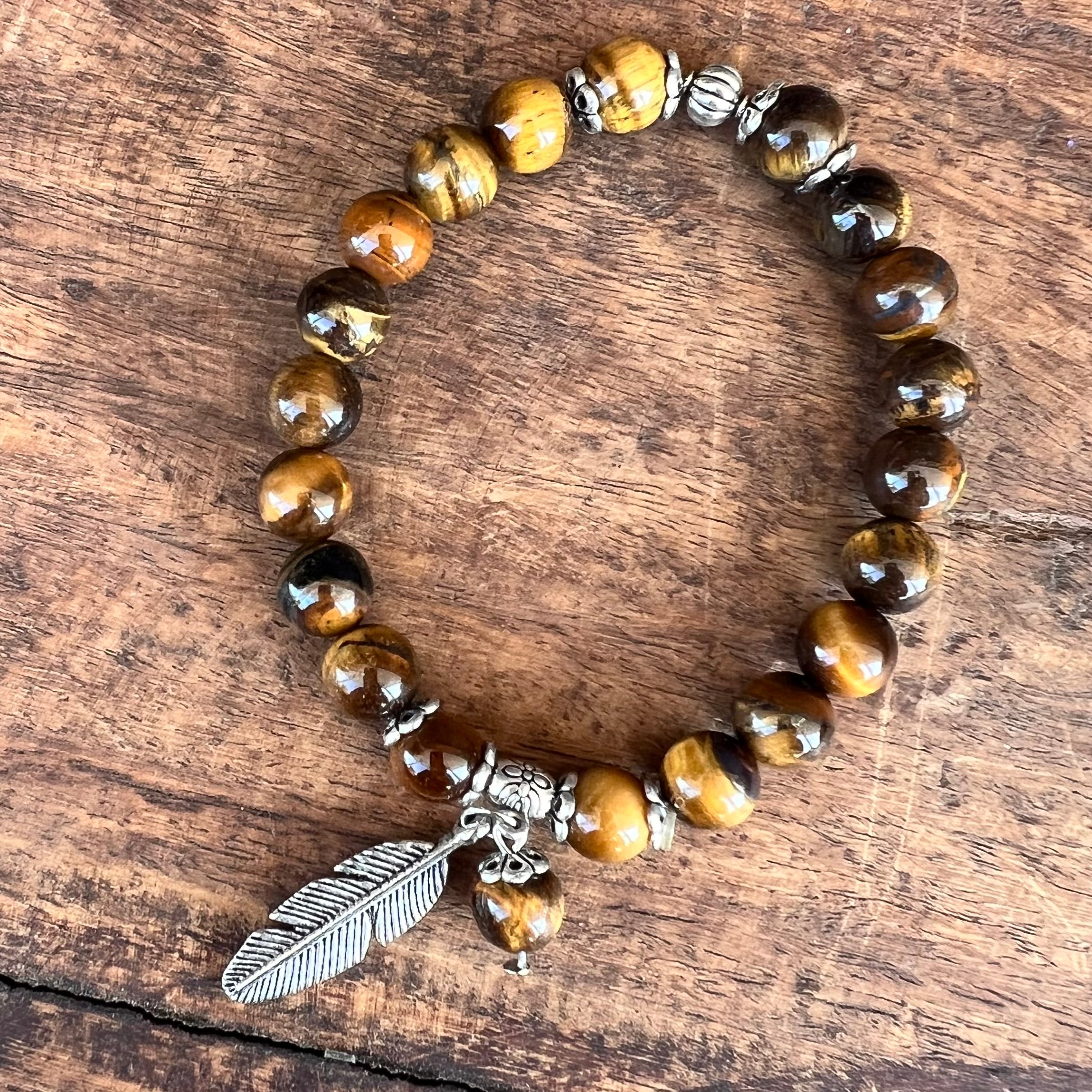 Tiger Eye Courage & Strength Bracelet with  Feather Charm