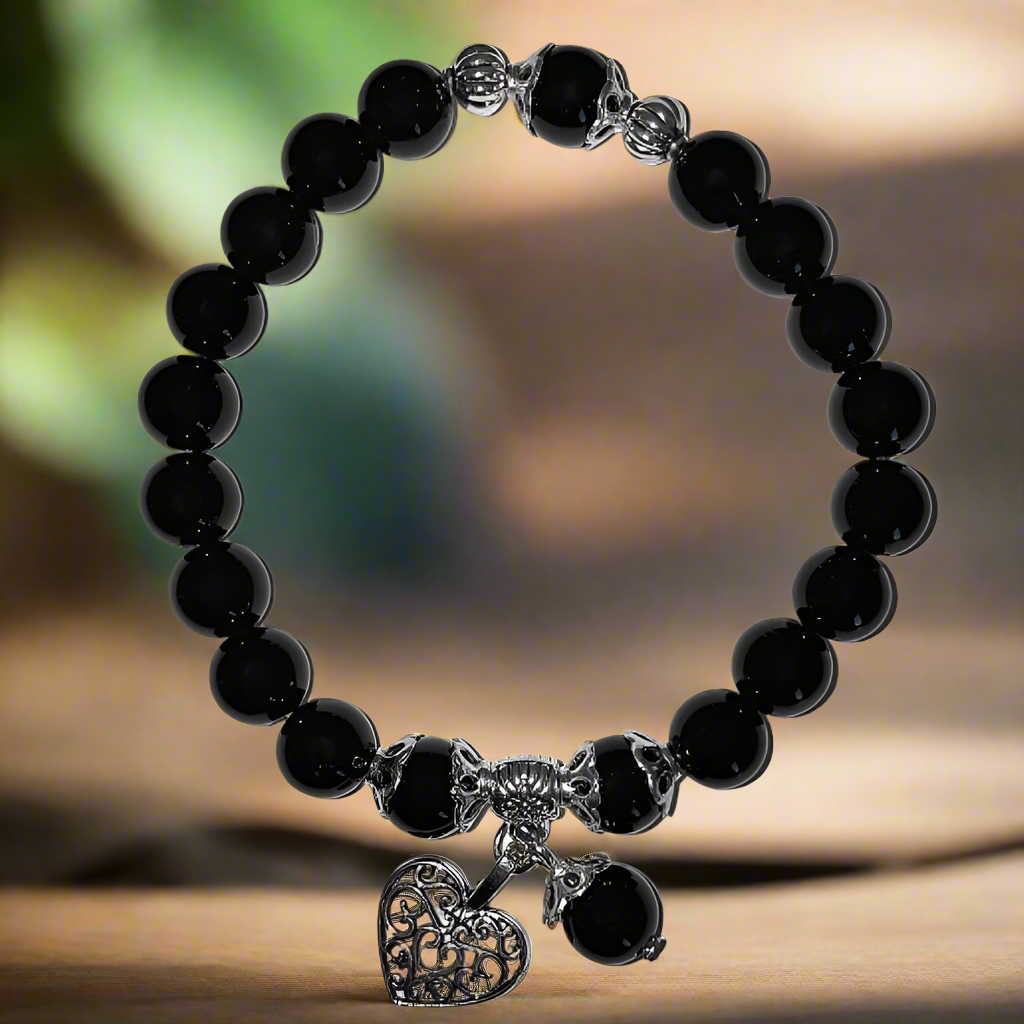 Black Obsidian Protection Bracelet with Heart Charm