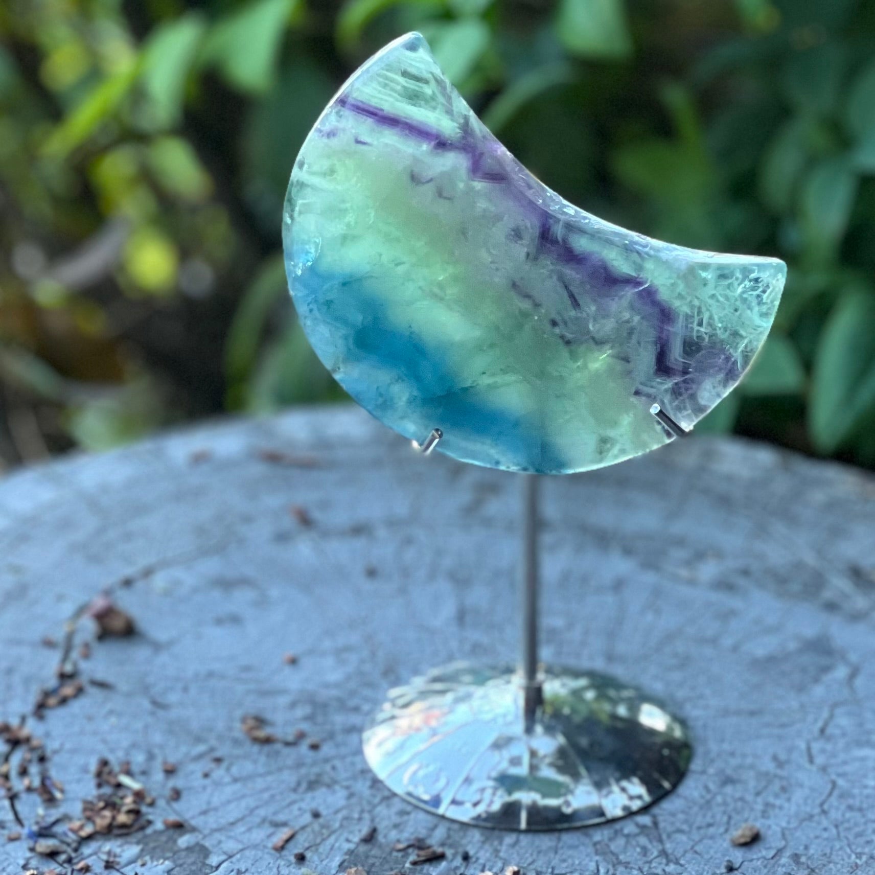 Rainbow Fluorite Crescent Moon on Stand