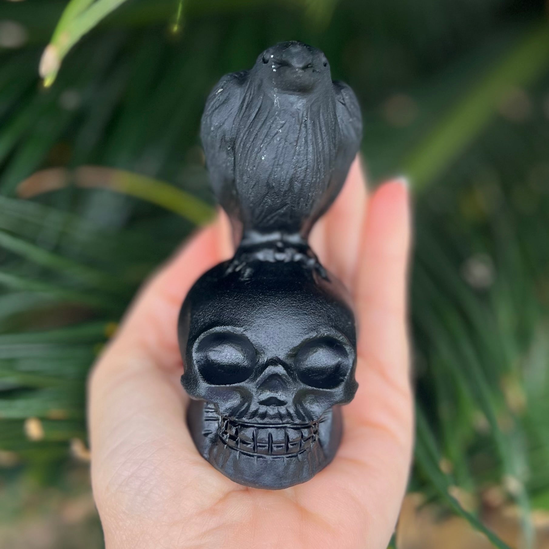 Black Obsidian Raven on Skull Carving
