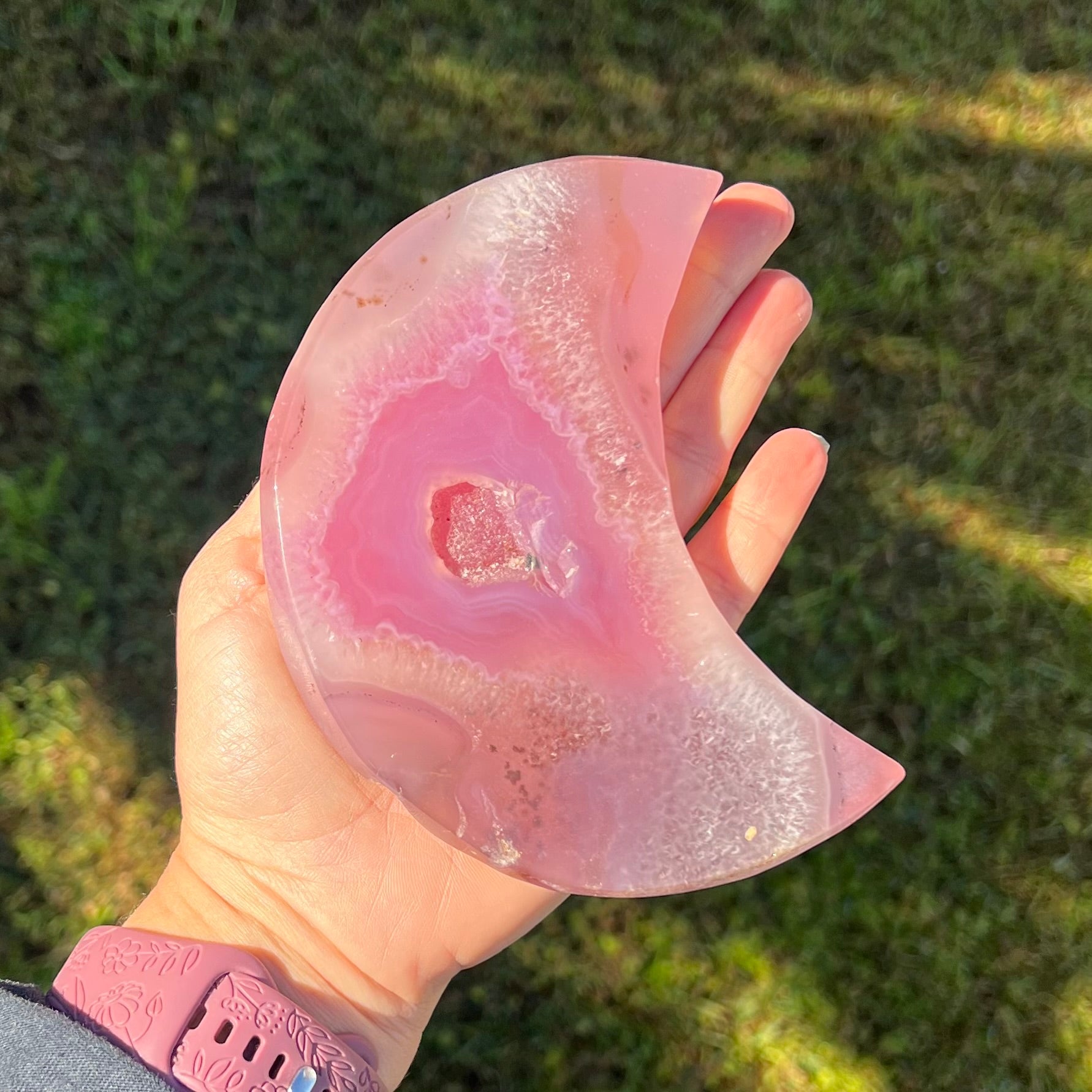 Pink Agate Druzy~ Moon Carving on Stand
