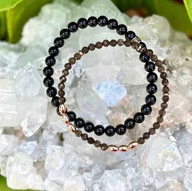 Black Agate and Smokey Quartz Duo Bracelet Set