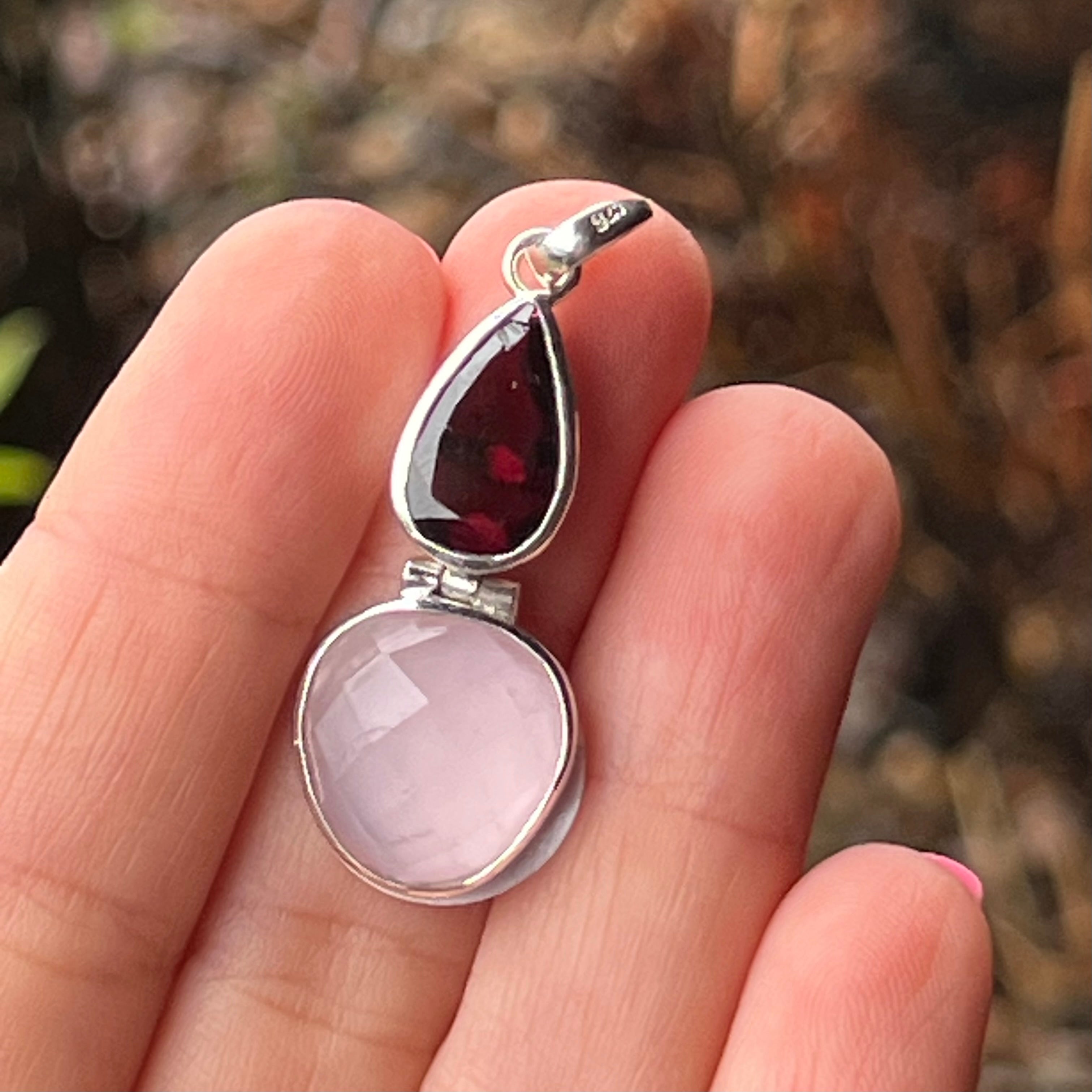 Rose Quartz and Garnet ~ Sterling Silver Pendant