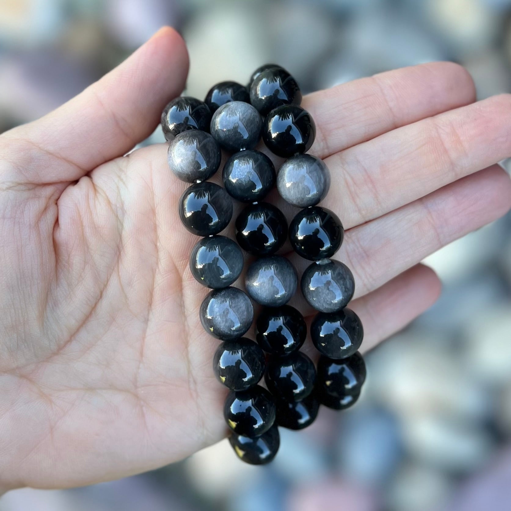 Silver Sheen Obsidian Beaded Bracelet