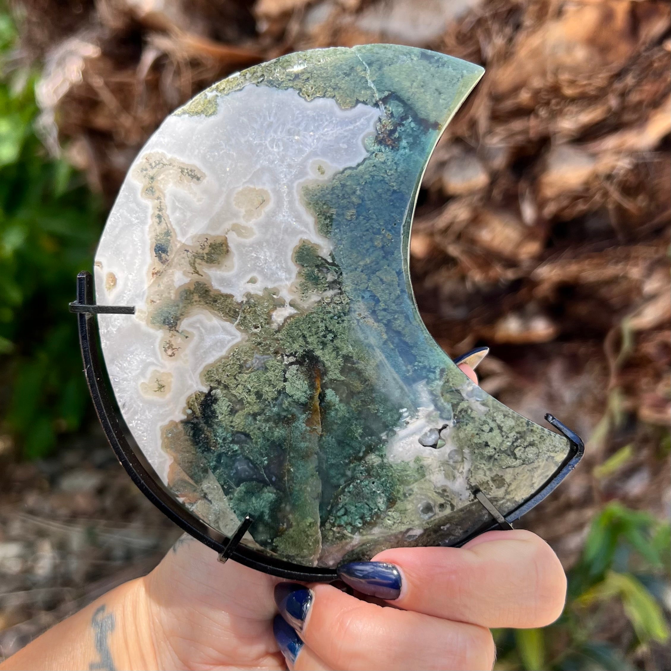 Moss Agate Crescent Moon on Stand