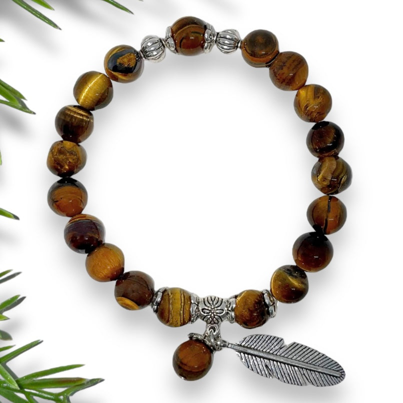 Tiger Eye Courage & Strength Bracelet with  Feather Charm