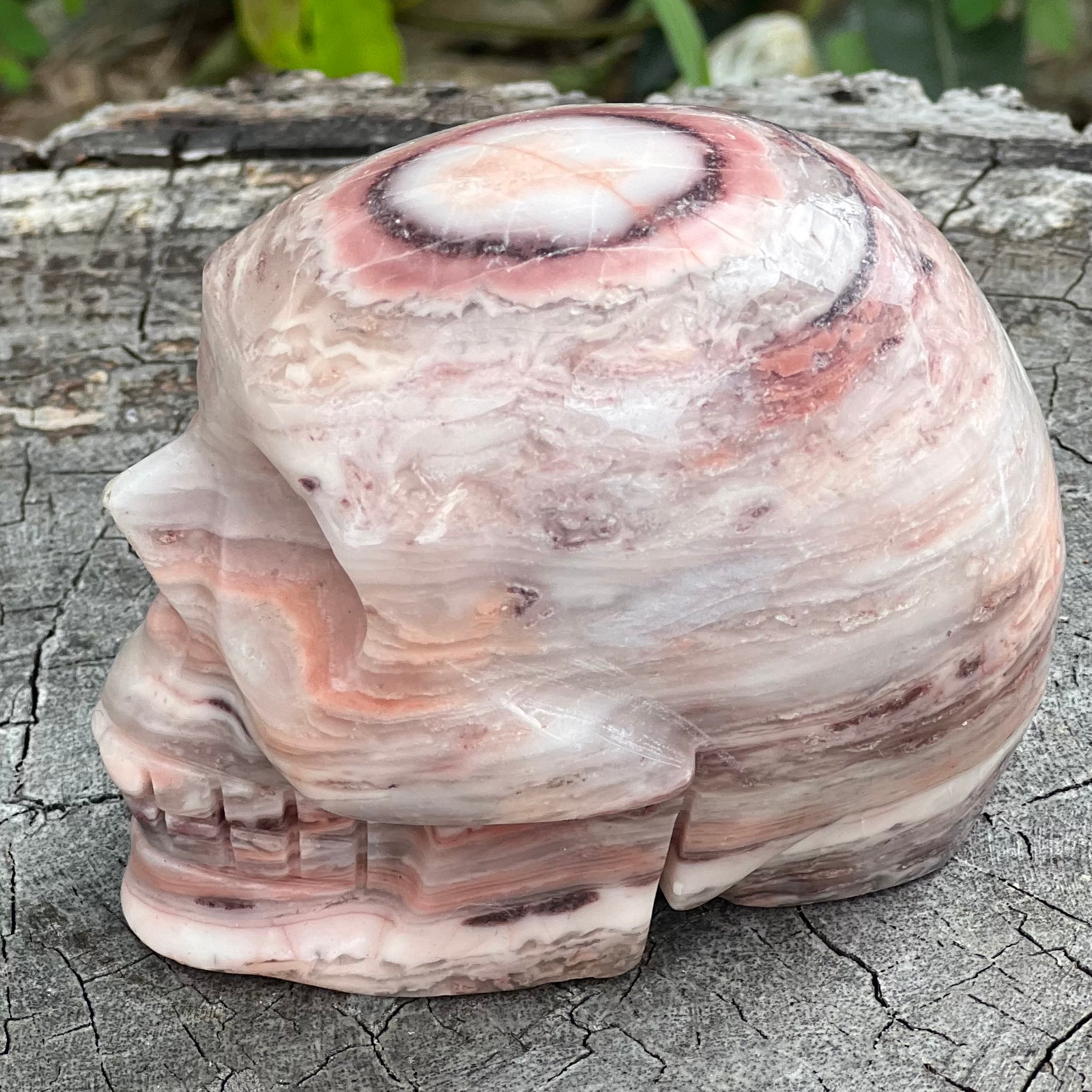 Pink Agate Smiling Skull