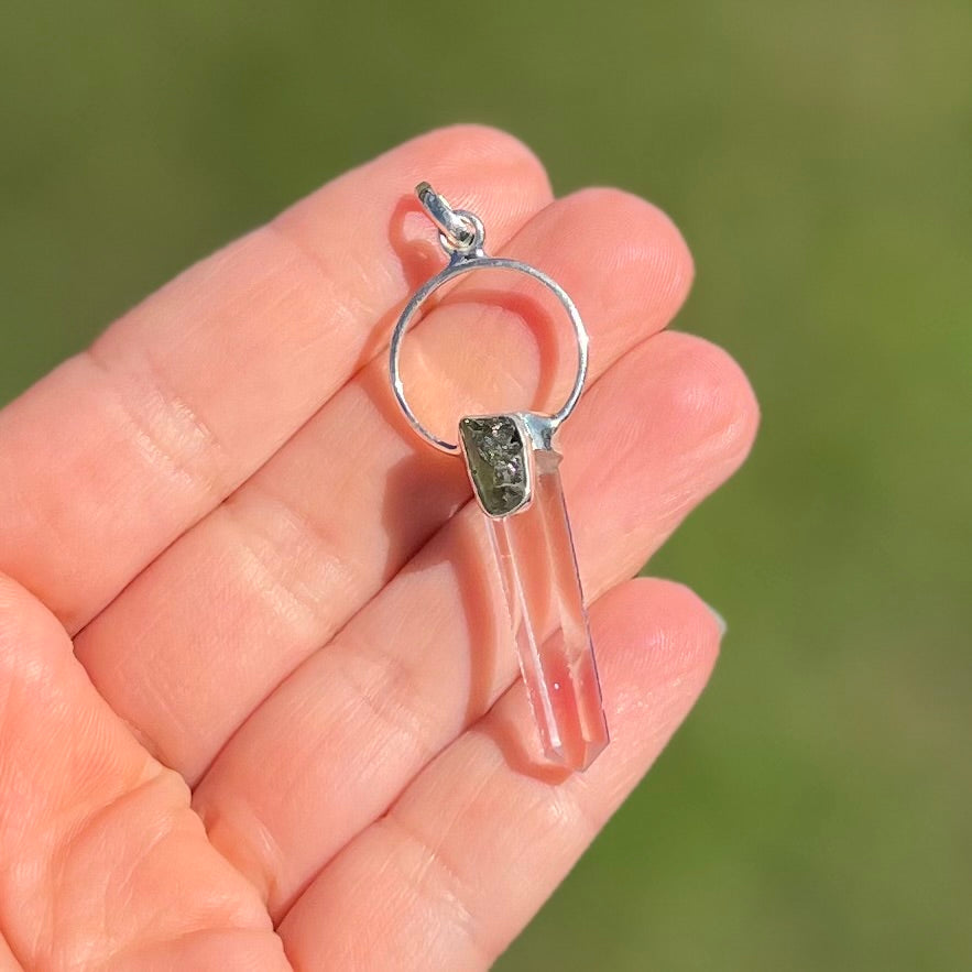 Clear Quartz with Moldavite Sterling Silver Pendant