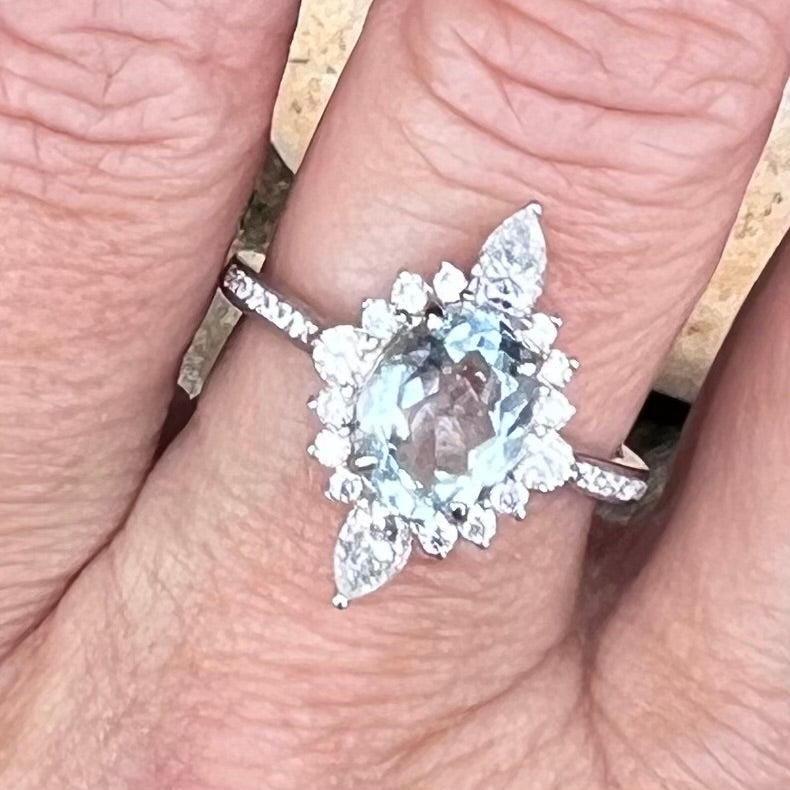 Aquamarine & White Topaz Sterling Silver Ring ~ 10