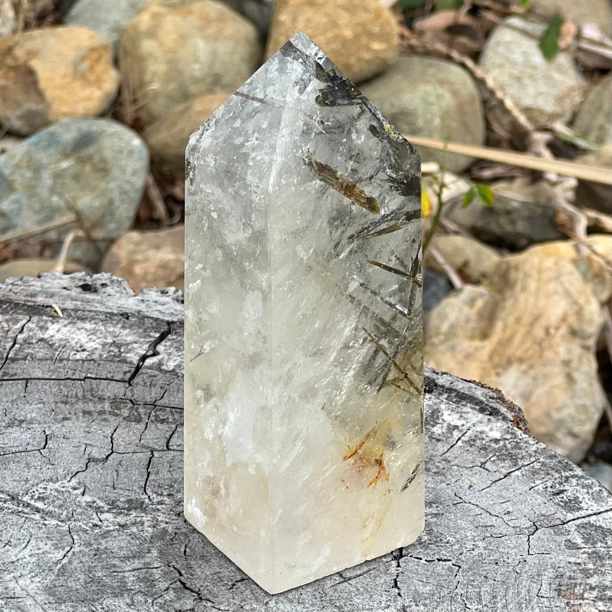 Green Tourmaline in Clear Protective Generator Quartz Tower