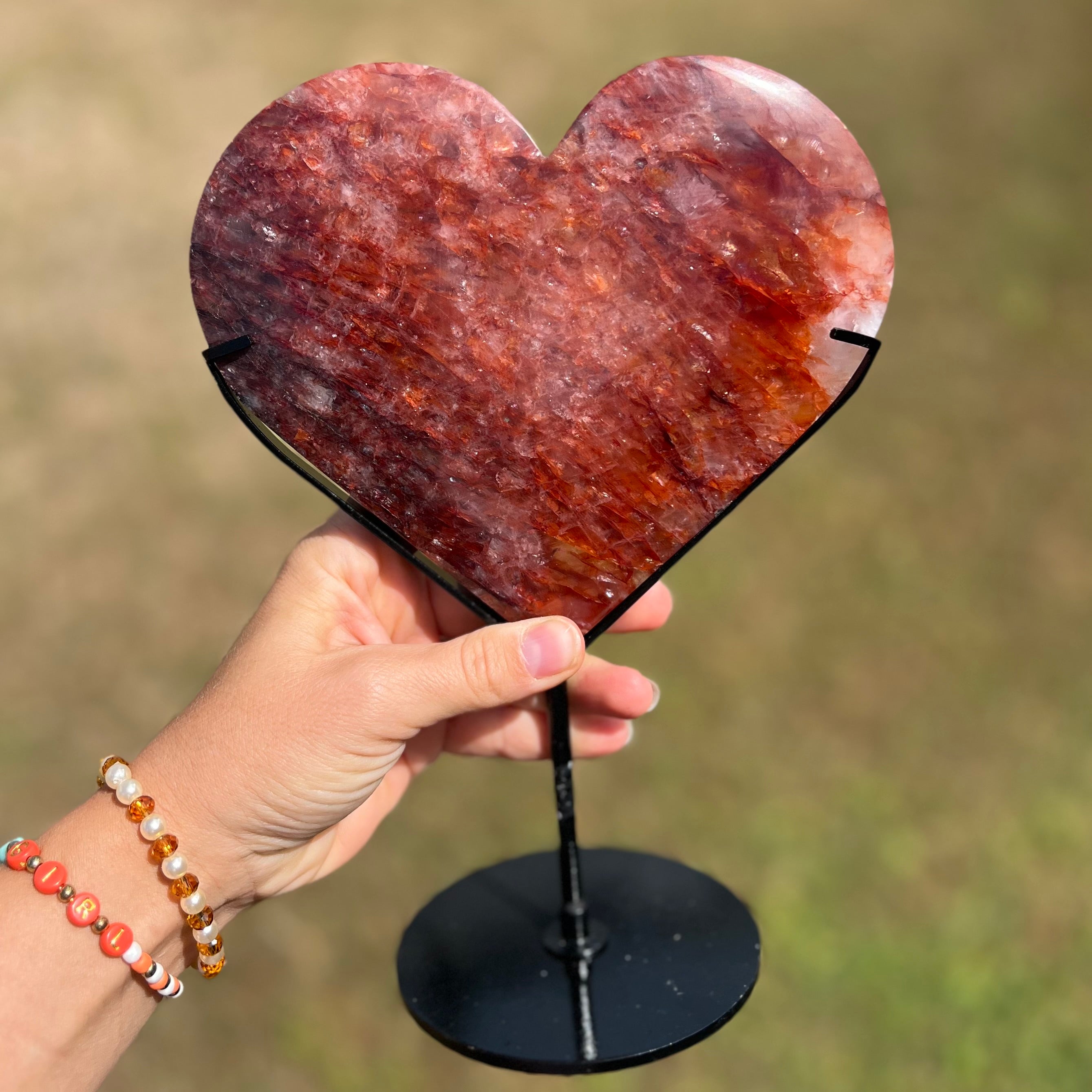 Large Fire Quartz Heart ~ on stand ~ 1