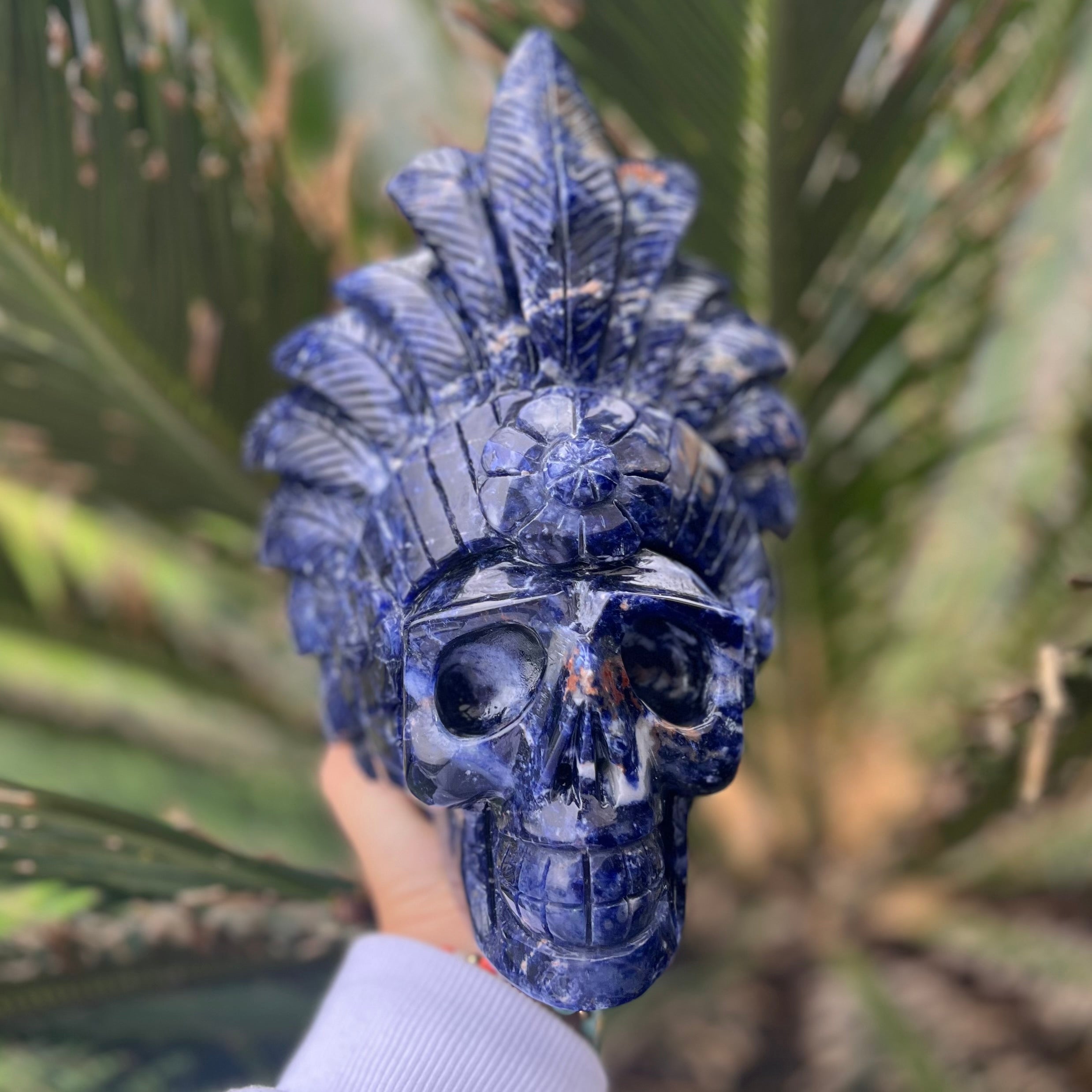 Sodalite Warrior Skull with Headdress Carving