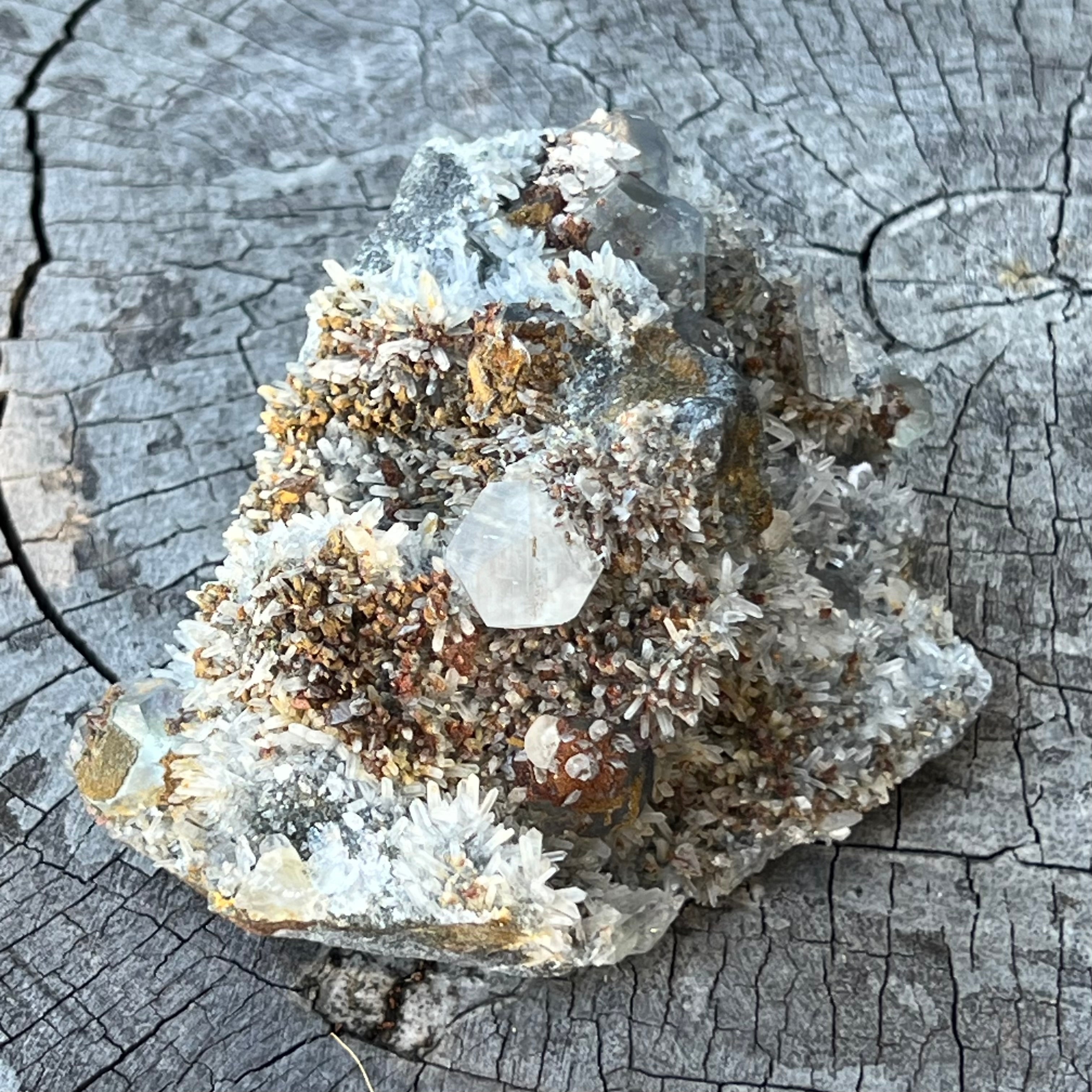 Clear Quartz, Red Quartz & Calcite Cluster