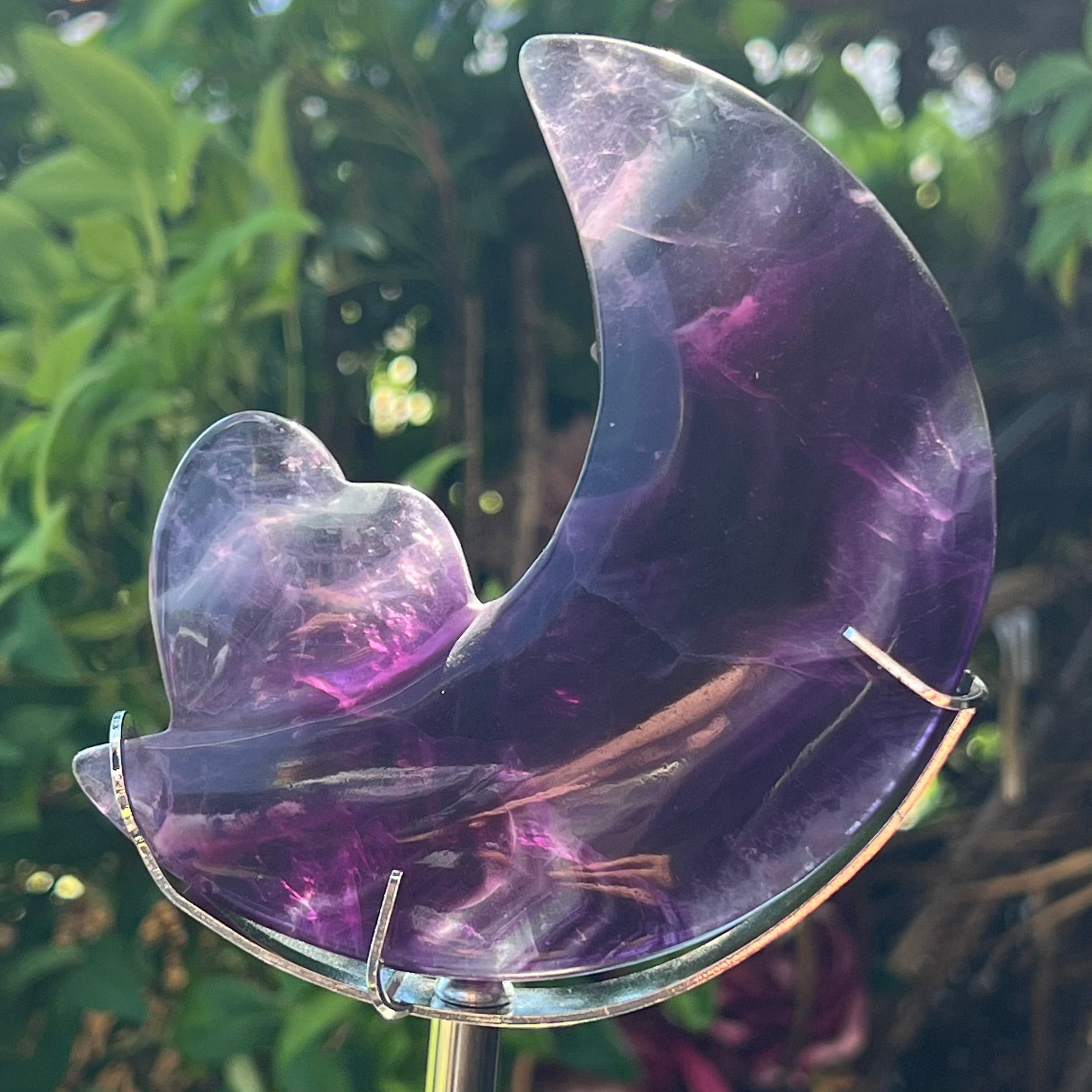 Rainbow Fluorite Crescent Moon and Heart on Stand