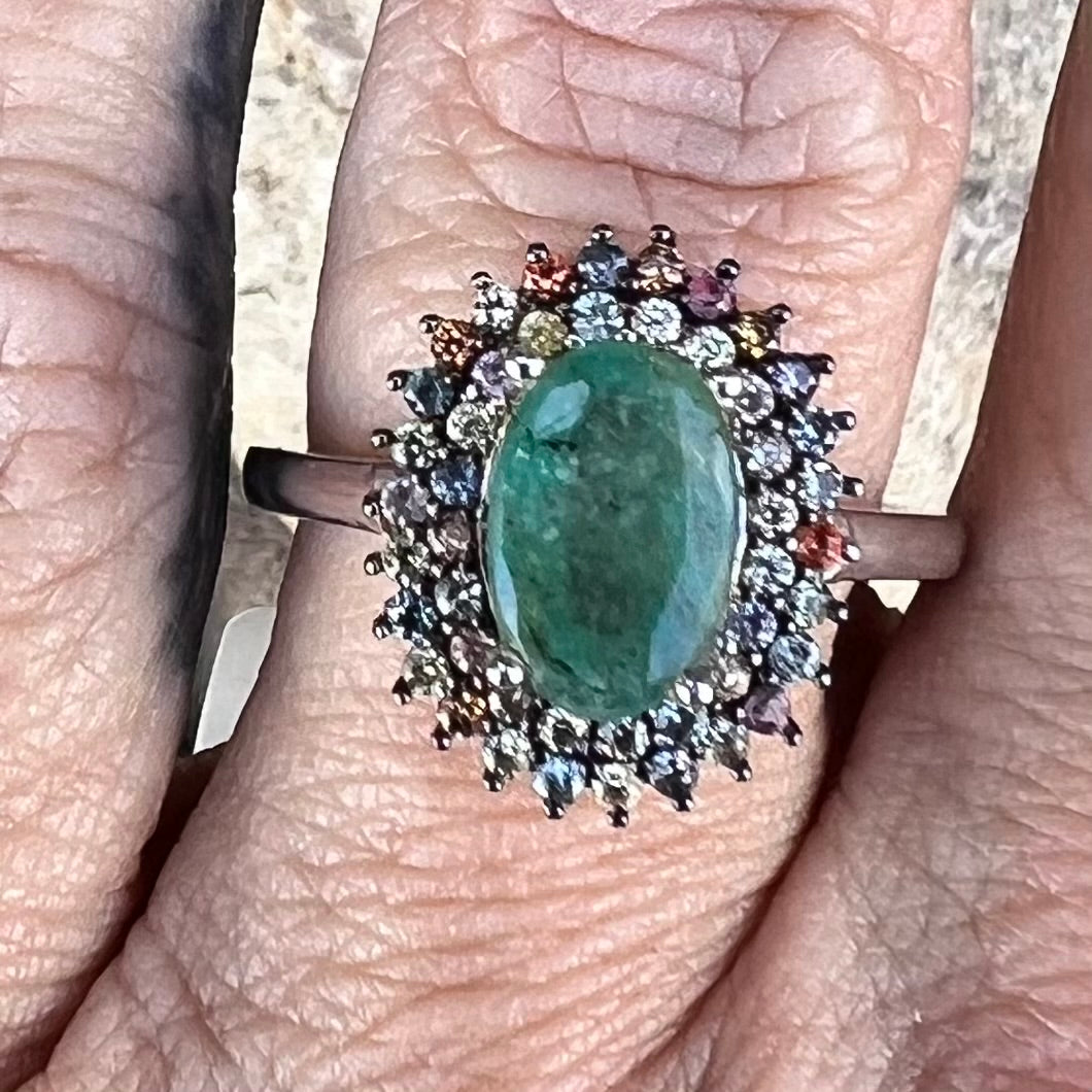 Emerald with Sapphires in Sterling Silver Ring ~ size 6