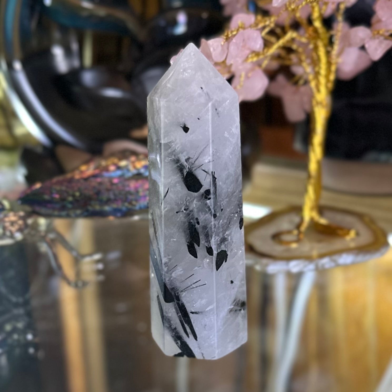 Black Tourmaline in Clear Protective Generator Quartz Tower
