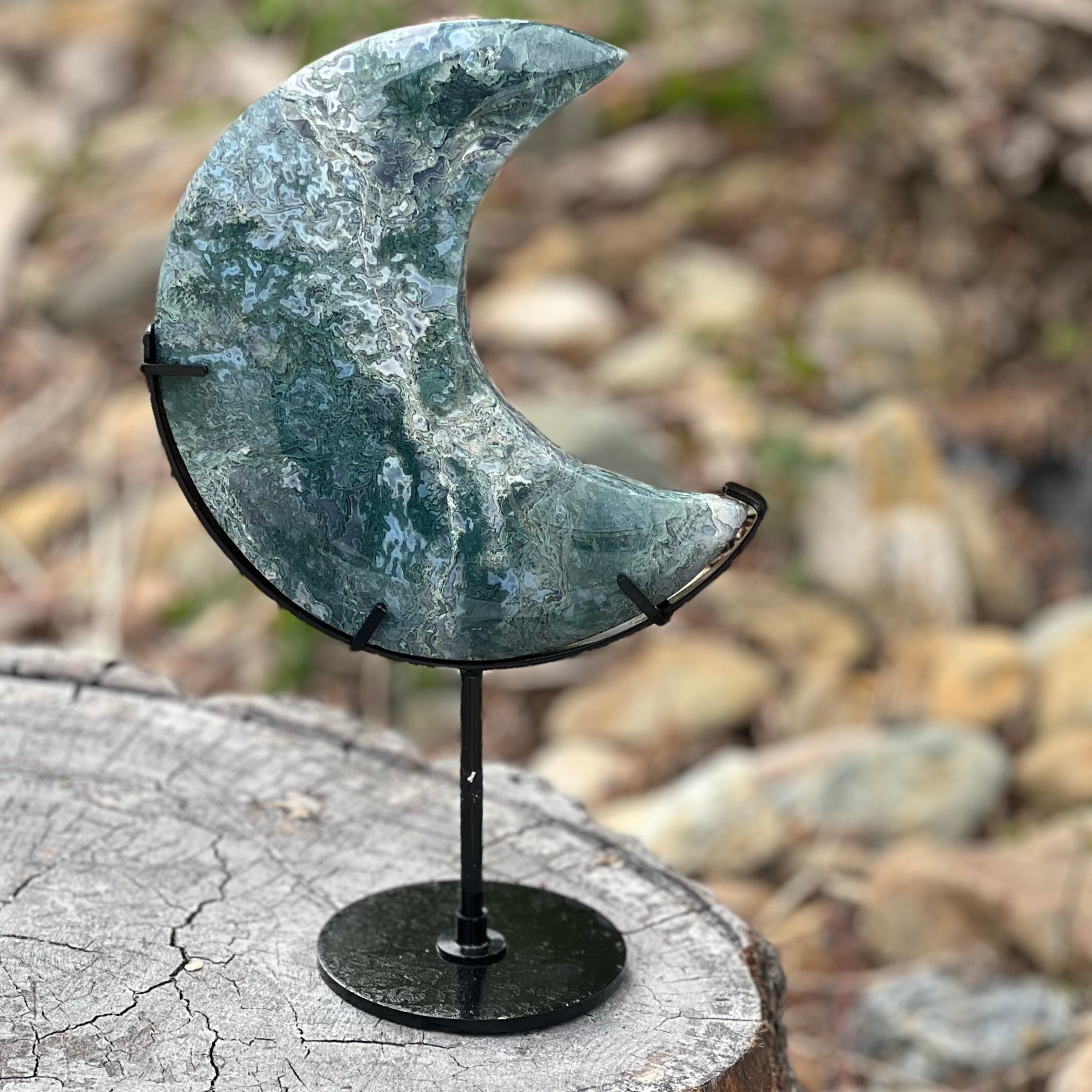 Moss Agate Crescent Moon Carving