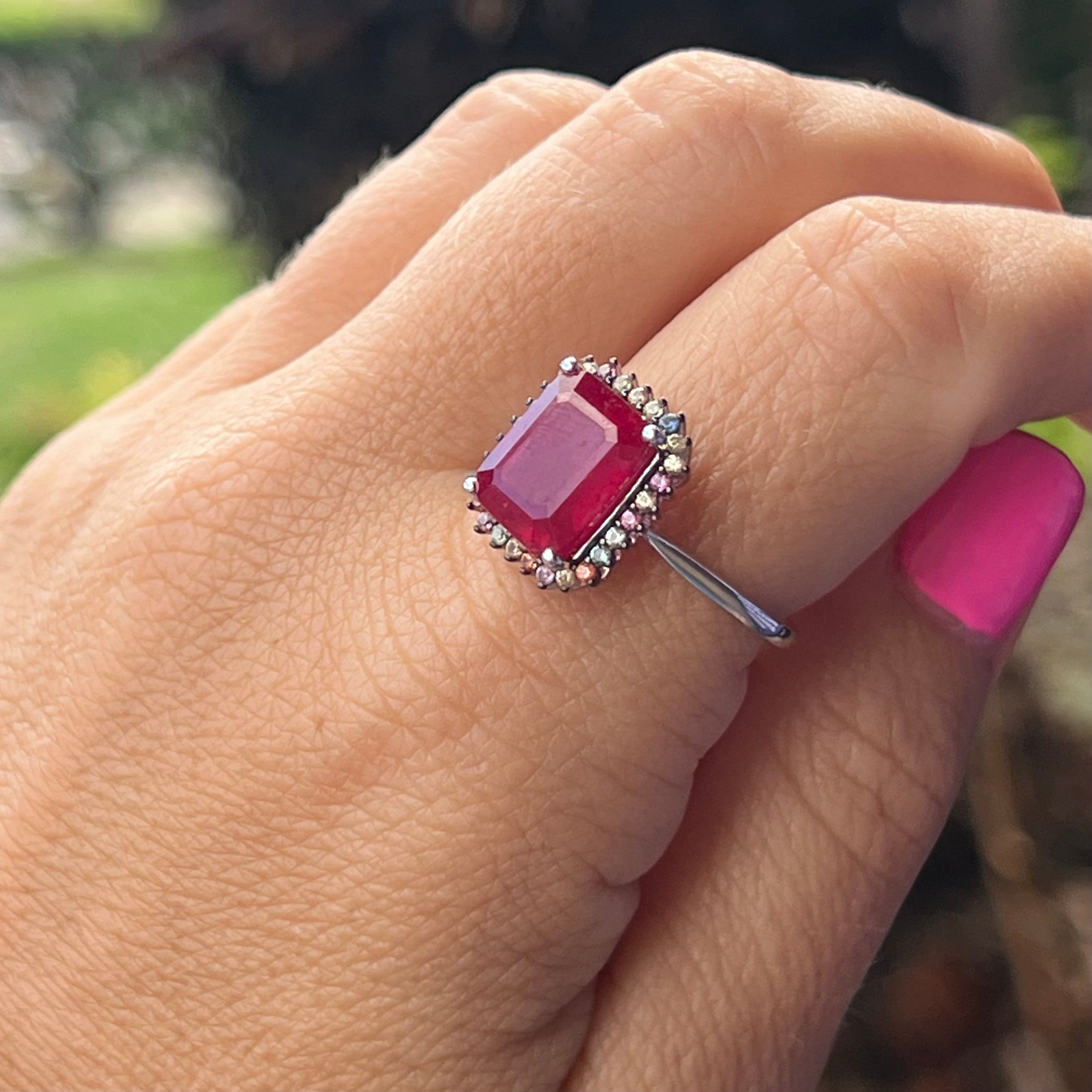 Ruby with Sapphire  ~ Sterling Silver Ring ~ 9