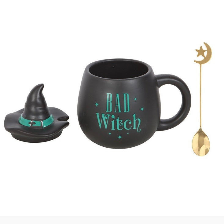 Green Bad Witch ~  Ceramic Mug with Metal Moon Spoon