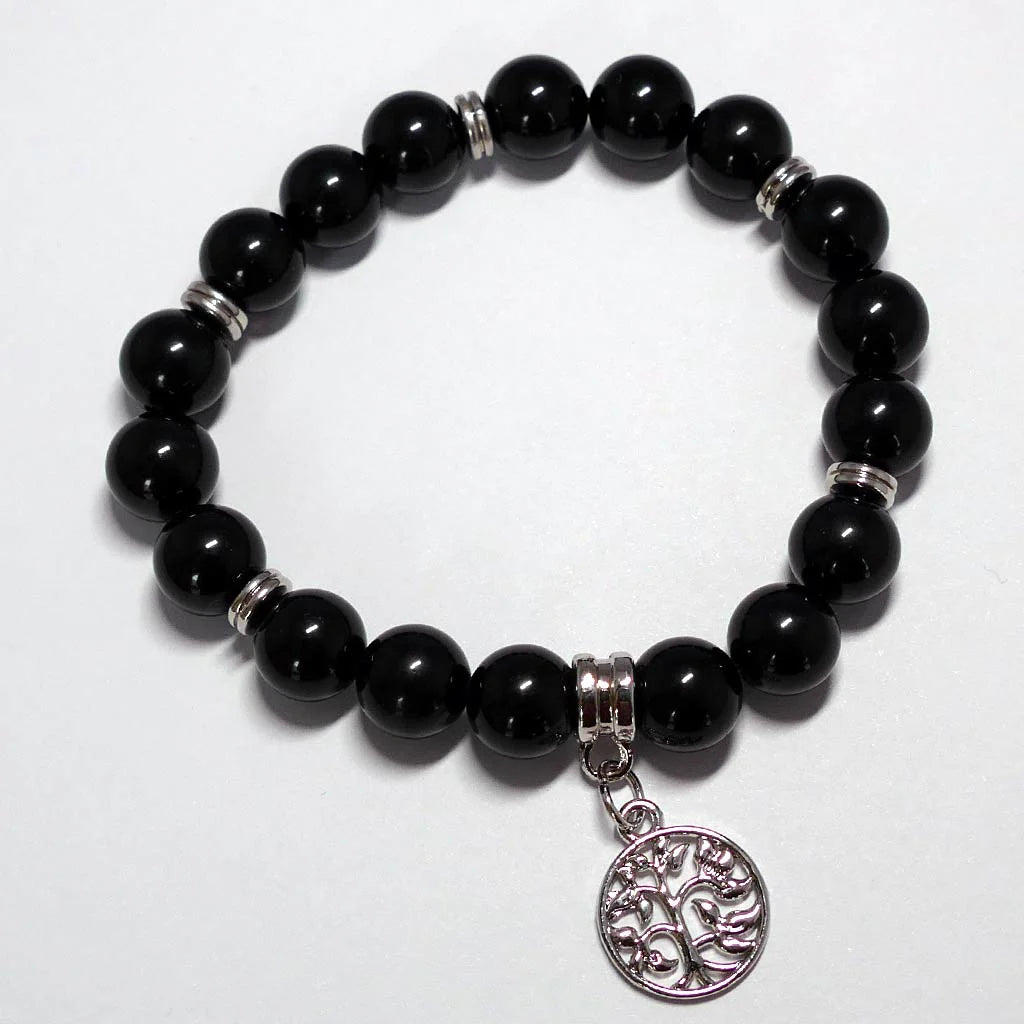 Charm-Armband mit Lebensbaum aus schwarzem Obsidian