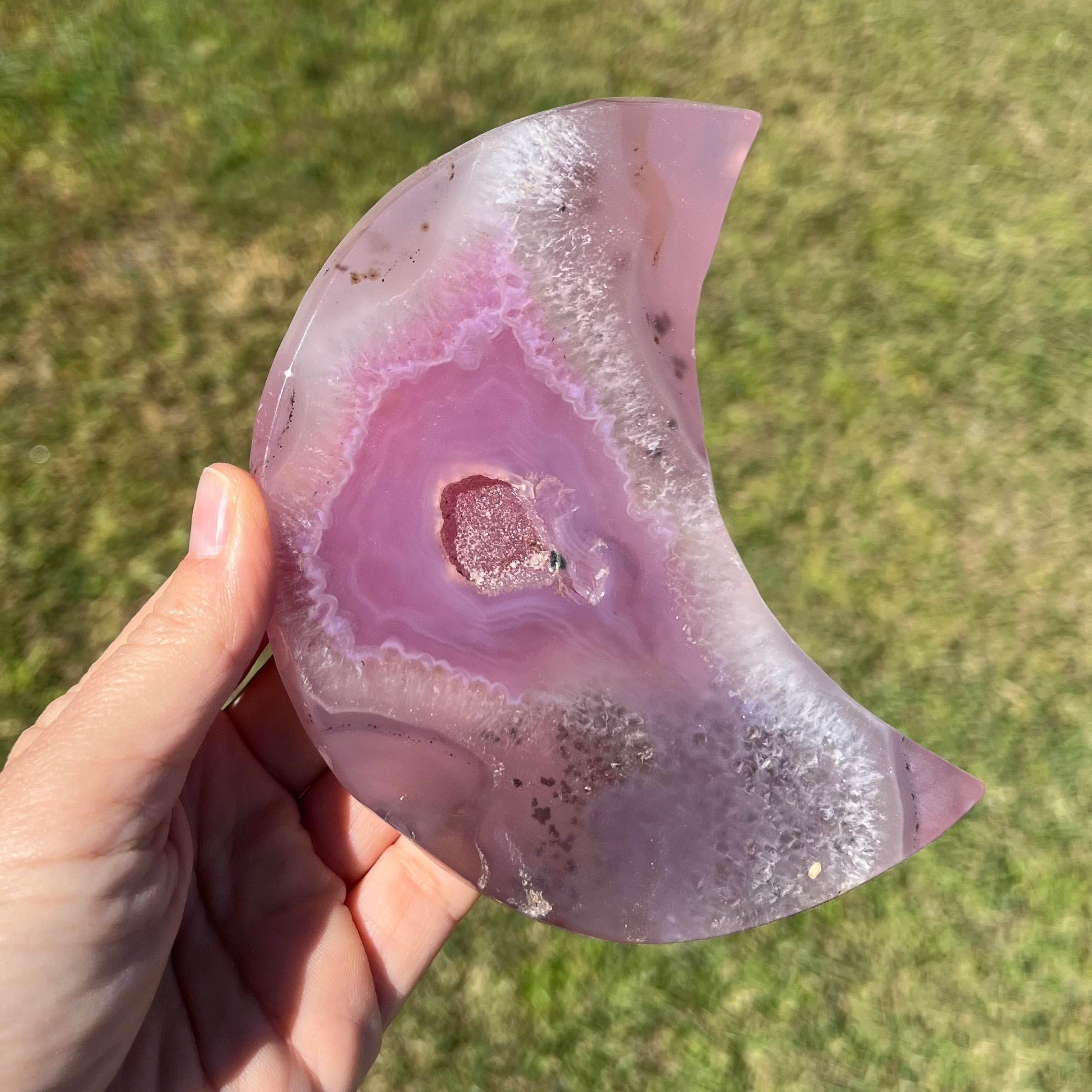 Pink Agate Druzy~ Moon Carving on Stand