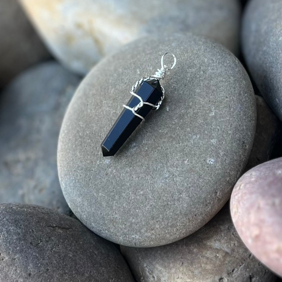 Black Obsidian Pencil Double Pointed Pendant