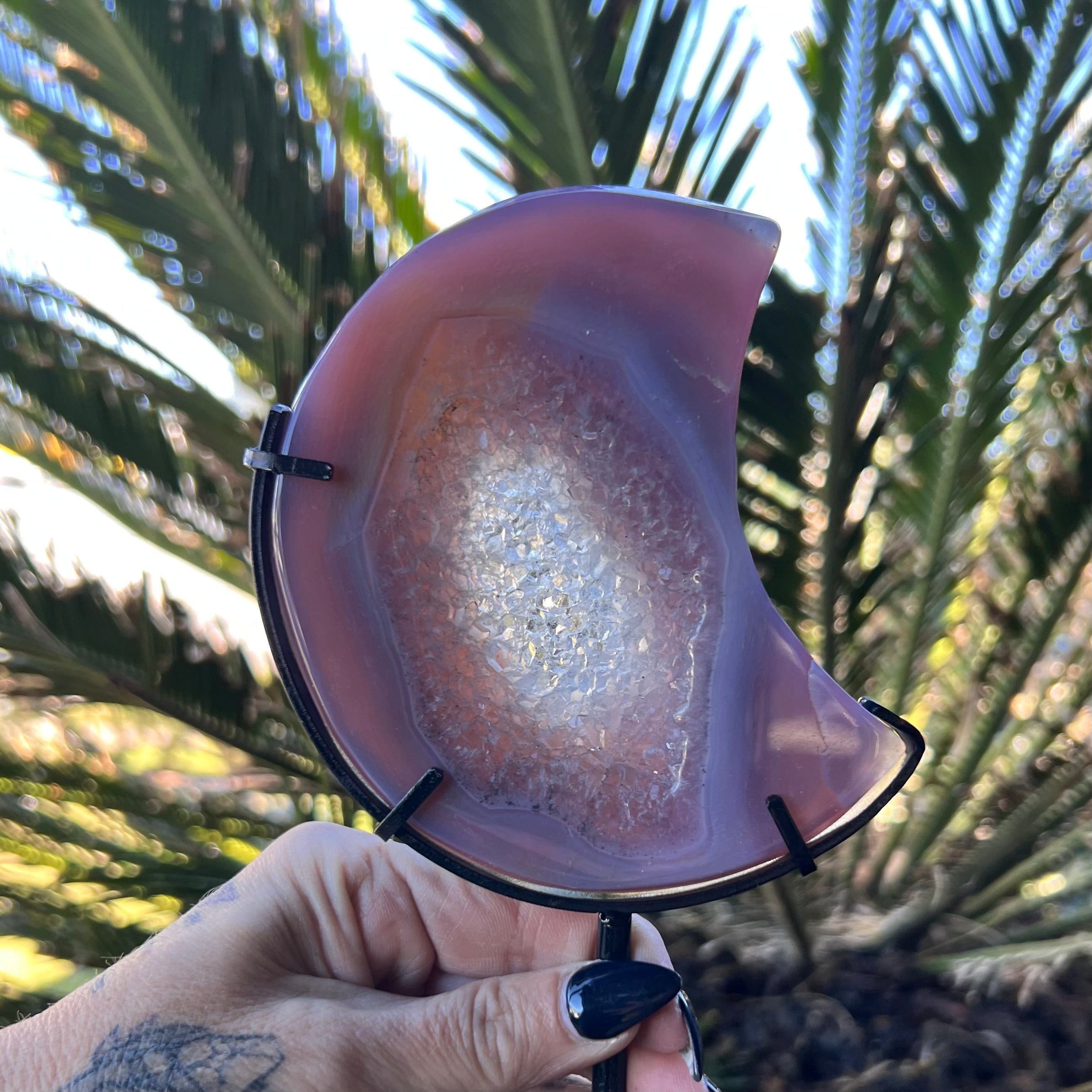 Pink Agate Crescent Moon Carving with Geode - Dyed Agate