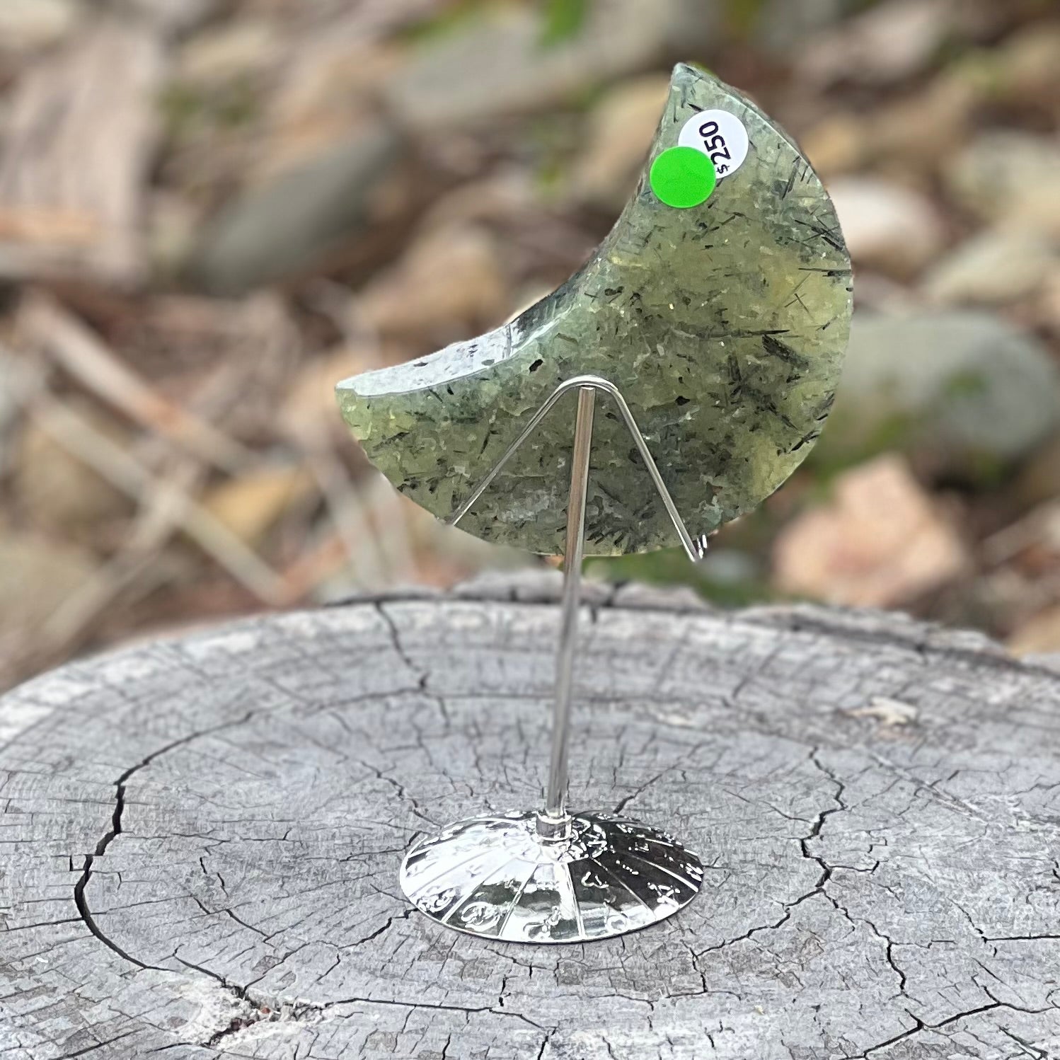 Prehnite Crescent Moon of Protection on Stand