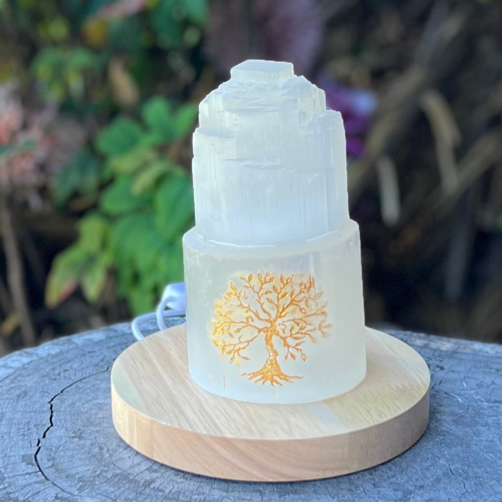 Selenite Cleansing & Charging Lamp ~ Tower Small ~ Tree of Life