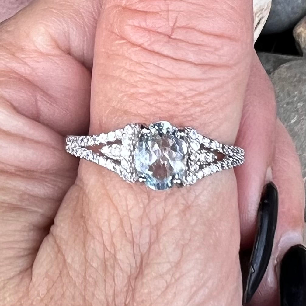 Aquamarine & White Topaz Sterling Silver Ring ~ 5