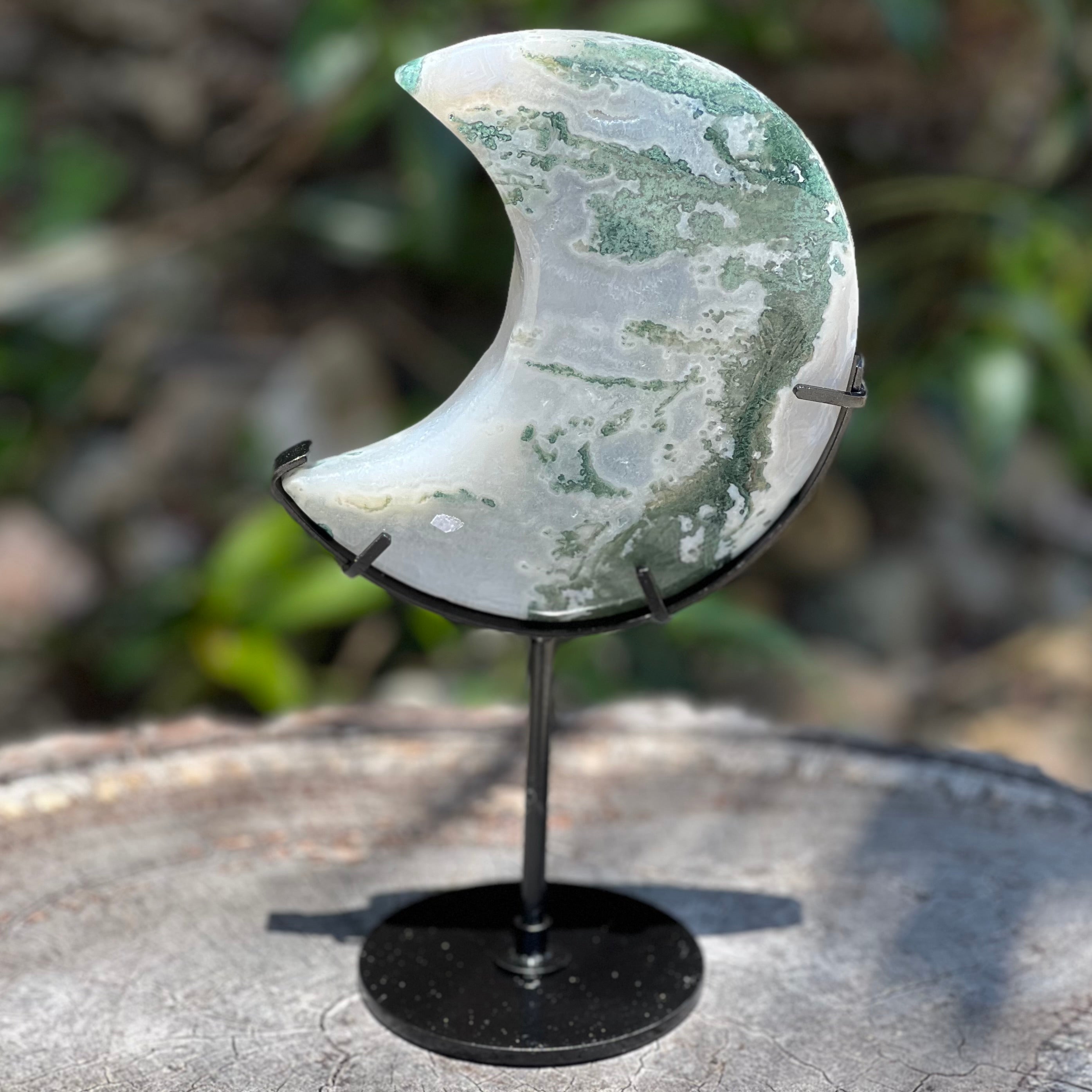 Moss Agate Crescent Moon on Stand