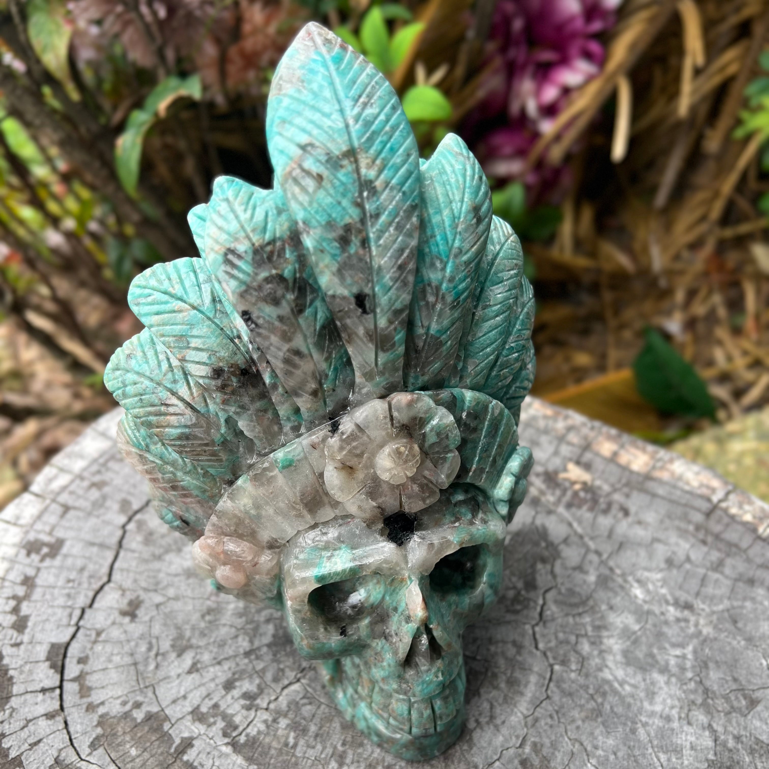 Amazonite Warrior Skull with Headdress Carving