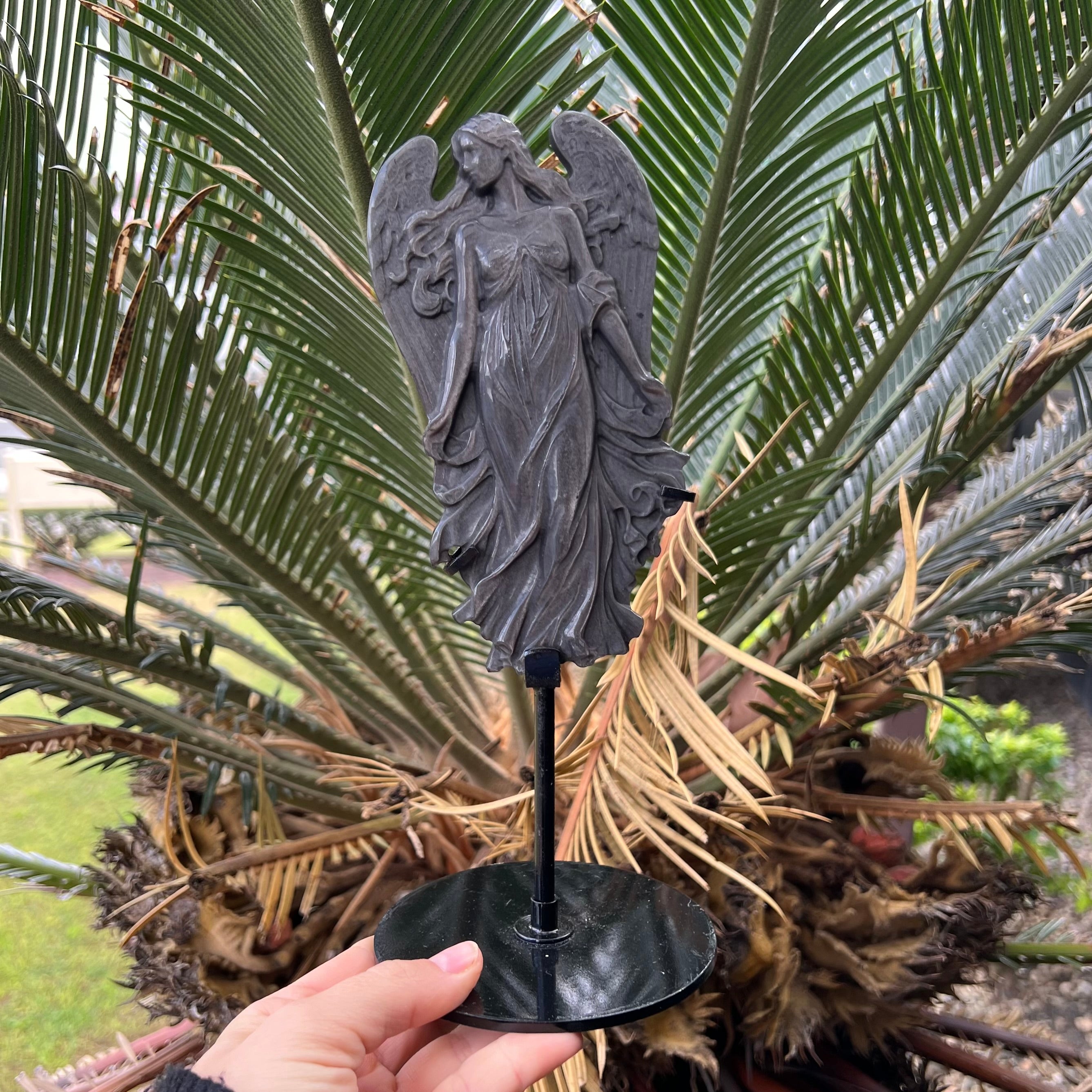 Silver Sheen Obsidian Angel Carving On Stand