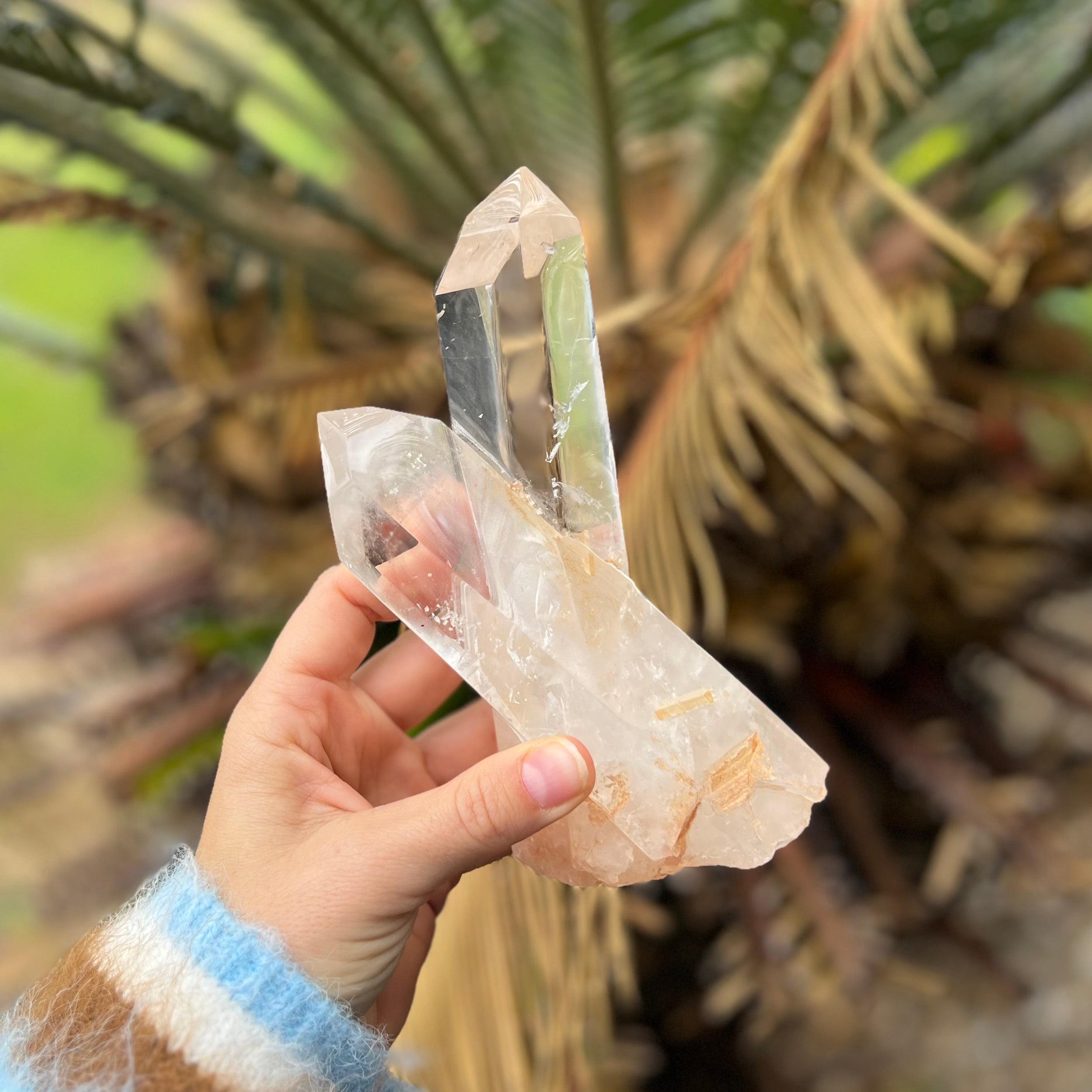 Clear Quartz Double Generator Point on wooden stand