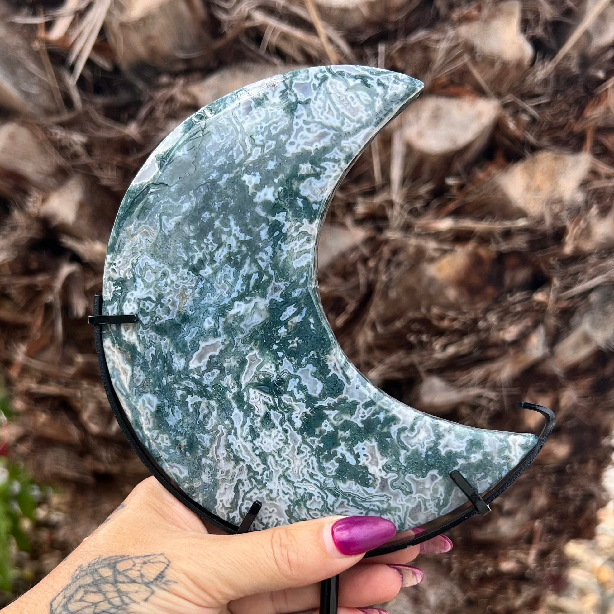 Moss Agate Crescent Moon Carving