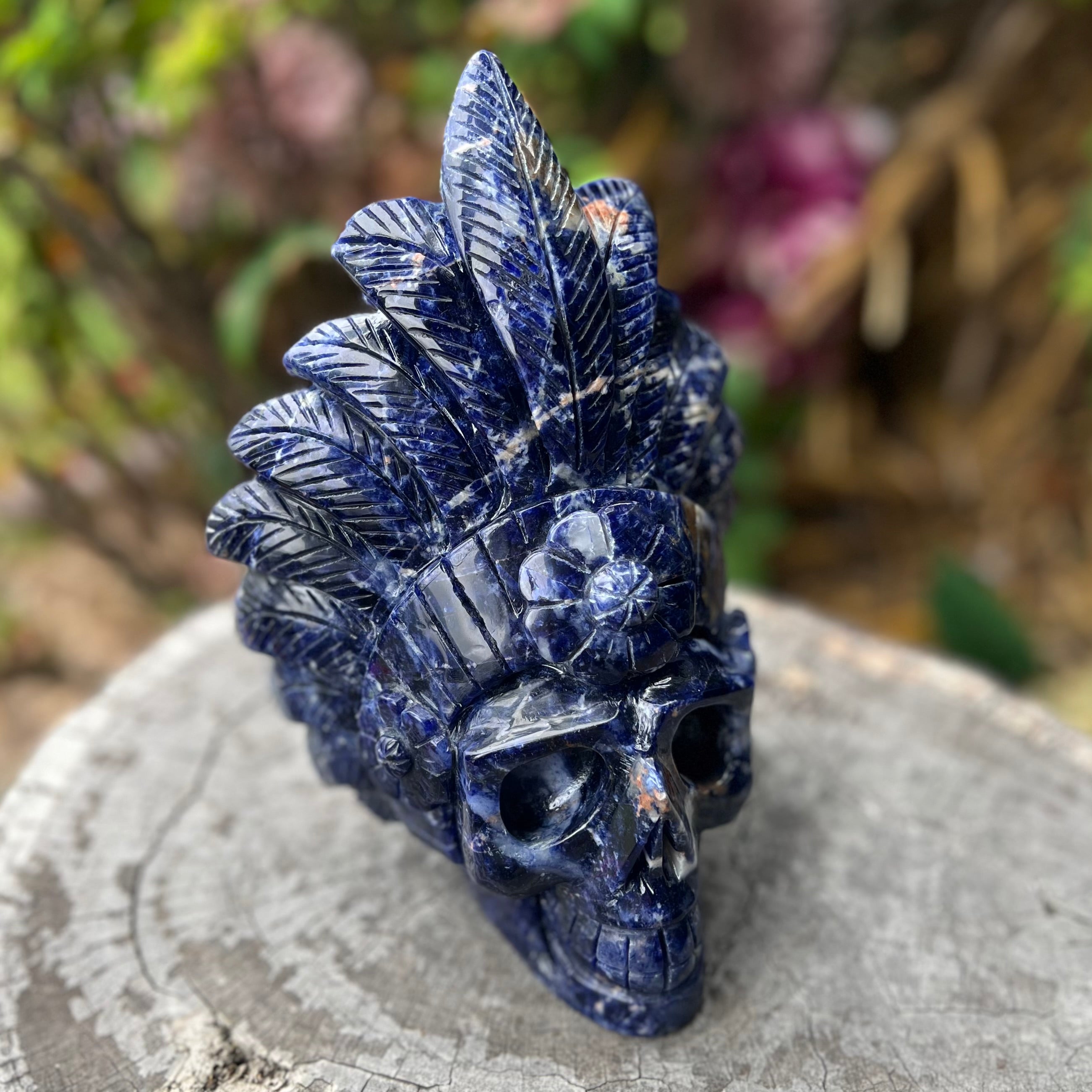 Sodalite Warrior Skull with Headdress Carving